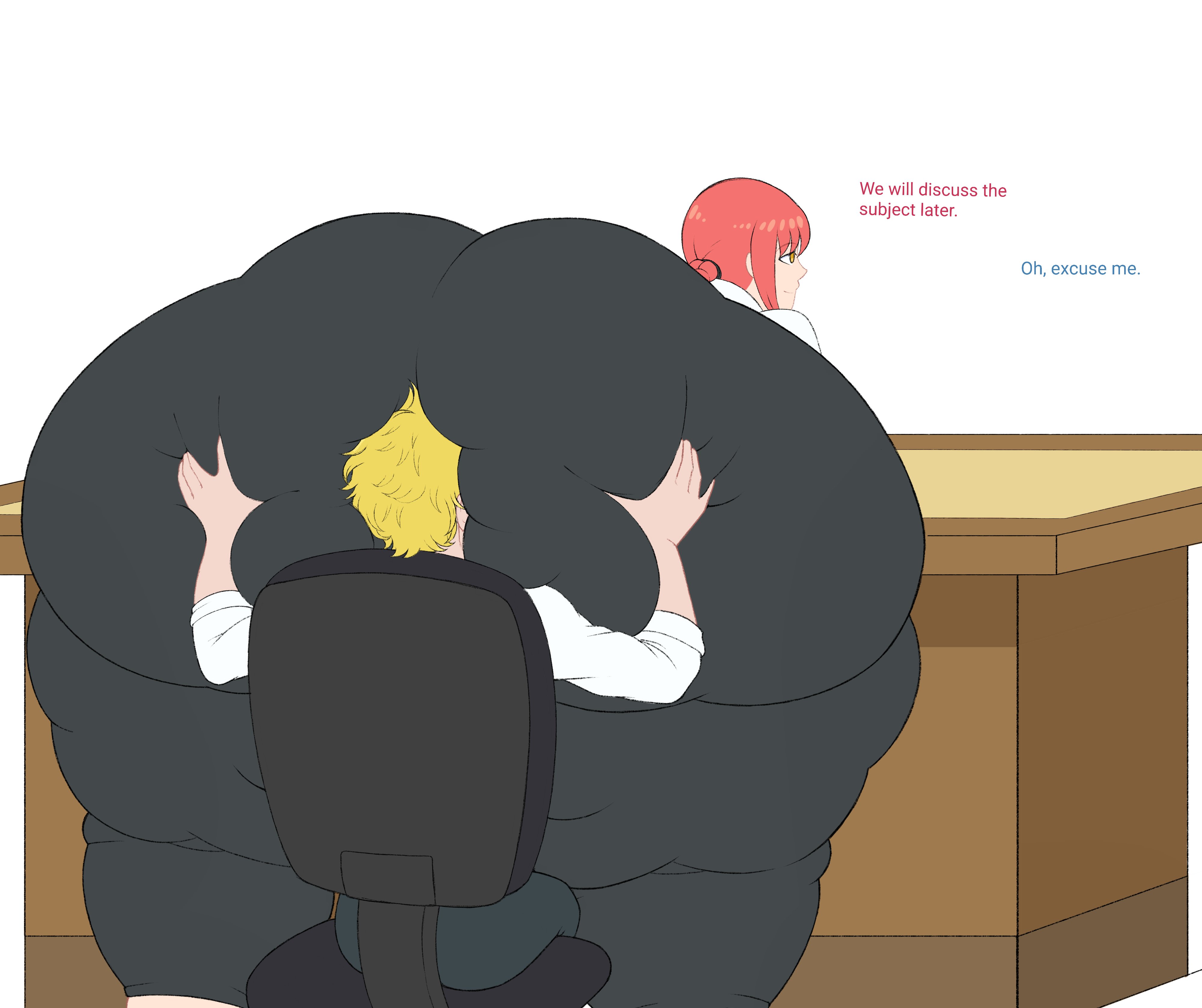 1boy, 1girls, ass, bag, big belly, blonde hair, breasts, chainsaw man, chair, denji (chainsaw man), dialogue, duo, face in ass, facesitting, female, hands on ass, huge ass, hyper, hyper ass, looking at viewer, makima (chainsaw man), male, massive breasts, massive thighs, necktie, older female, overflowing ass, overflowing thighs, overweight, overweight female, pants, red hair, s caken, shirt, shoes, short hair, smile, table, text, thick thighs, white background, yellow eyes, younger male