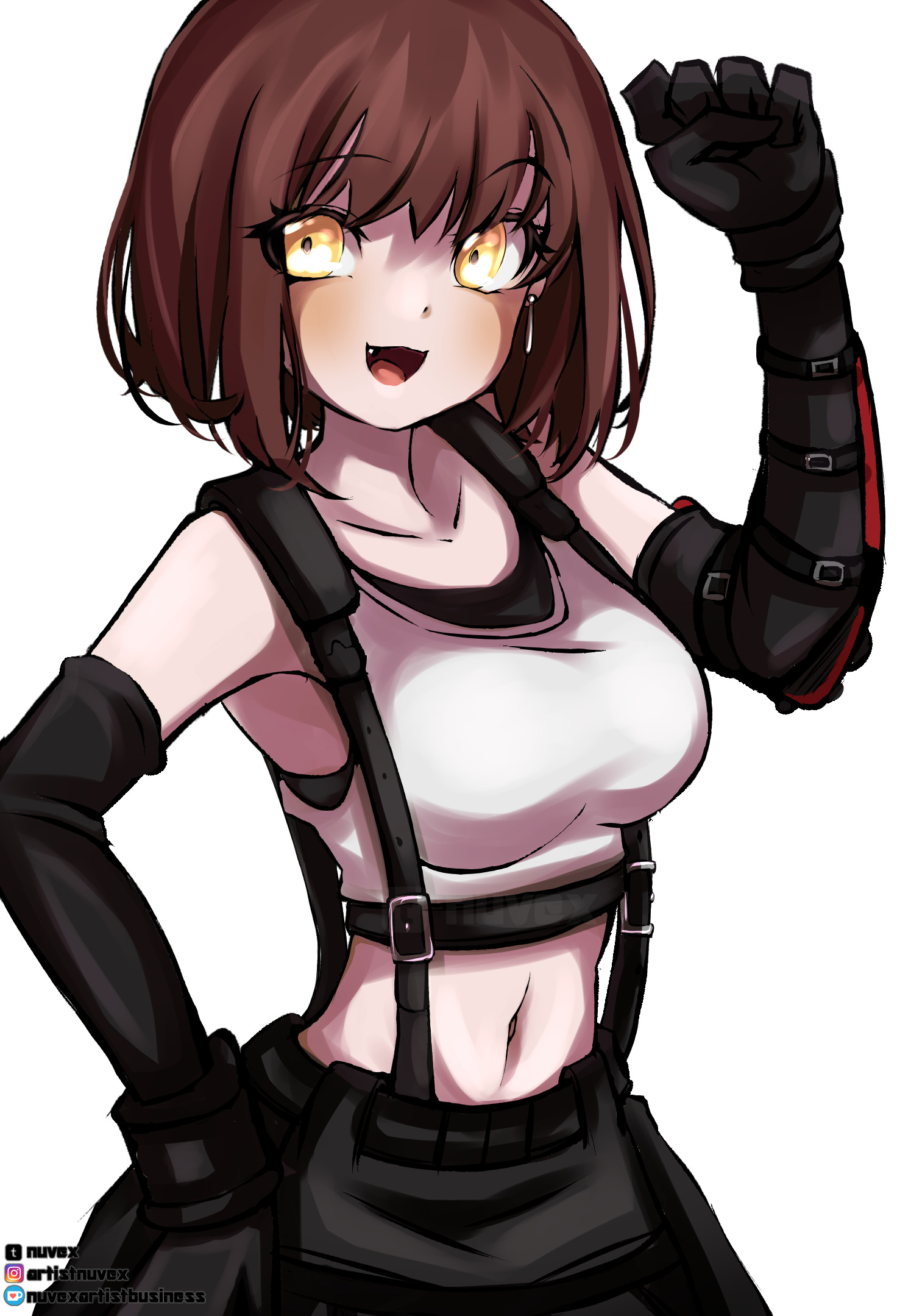 1girls, 2d, alternate costume, artist name, breasts, brown hair, color, cosplay, earrings, female, female frisk, female only, frisk, gloves, human, human female, human only, large breasts, midriff, navel, no sex, nuvex, open mouth, safe for work, short hair, skirt, solo, solo female, suspenders, tagme, tifa lockhart (cosplay), undertale, undertale (series), white background, yellow eyes