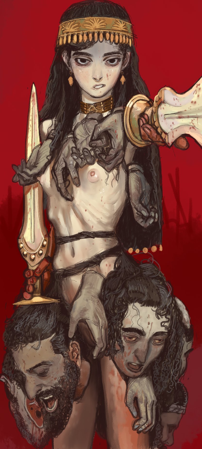 1girls anat anath egyptian_mythology goddess gore long_hair middle_eastern_mythology mossa mythology nude pale_skin pointing_at_viewer red_background severed_hand severed_head small_breasts standing sword warrior