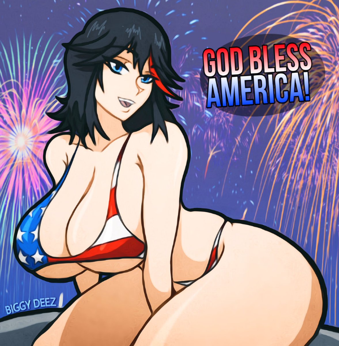 1girls 2023 4th_of_july american_flag_bikini artist_name asian asian_female bare_shoulders big_breasts biggy_deez bikini black_hair blue_eyes breasts cleavage curvaceous curvy curvy_body curvy_female curvy_figure english_text female female_only fireworks huge_breasts kill_la_kill large_breasts light-skinned_female light_skin looking_at_viewer matoi_ryuuko open_mouth red_highlights short_hair sitting solo solo_female text thick_thighs thighs voluptuous voluptuous_female