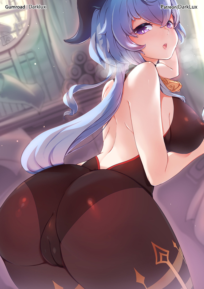 ass, blush, bodysuit, breasts, darklux, female, female focus, female only, ganyu (genshin impact), genshin impact, horn, huge ass, large breasts, long hair, looking at viewer, looking back, open mouth, shiny clothes, shiny skin, sideboob, solo, solo female, solo focus