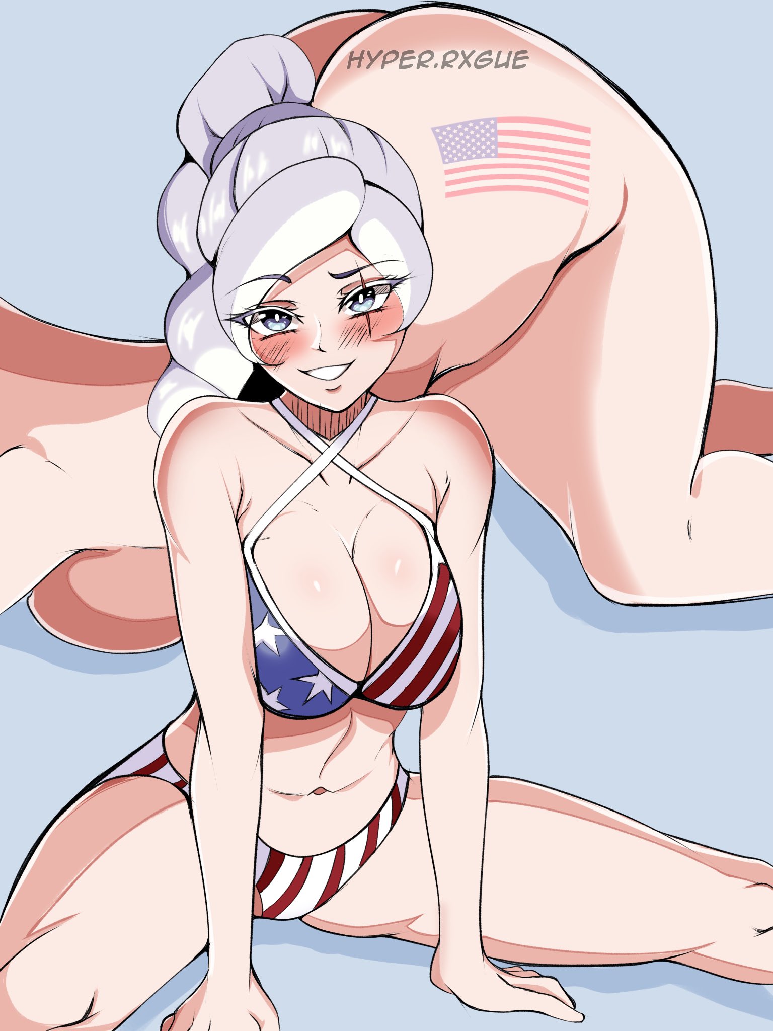 1girls, 4th of july, american flag bikini, female, female focus, female only, hyperrxgue, rooster teeth, rwby, simple background, smile, solo, solo female, solo focus, spread legs, weiss schnee