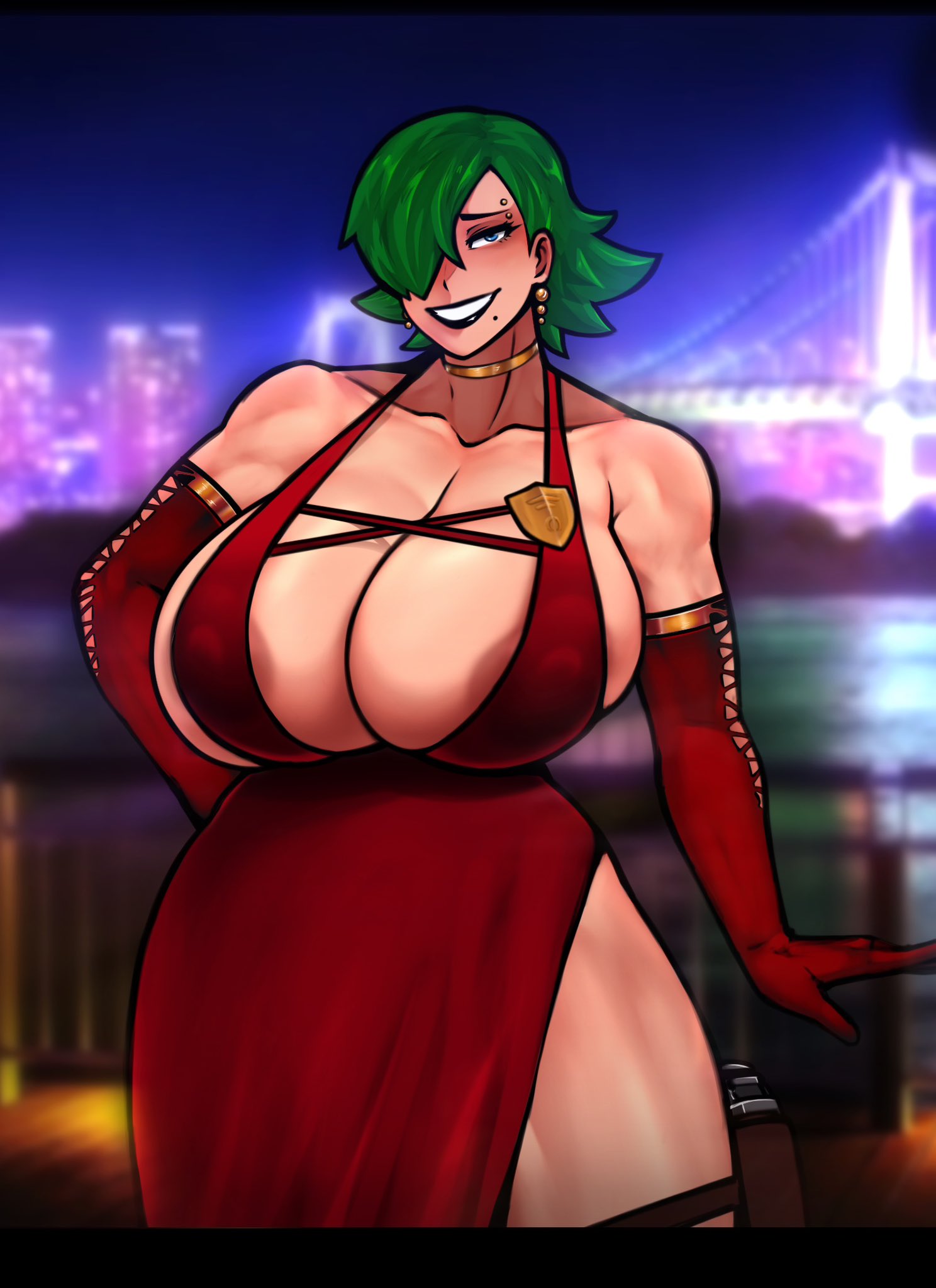 avis (strangehero), background, breasts, busty, female, goth, green hair, milf, milkceo, mole, original, original character, red dress, red gloves, short hair, smile, strangehero, tagme