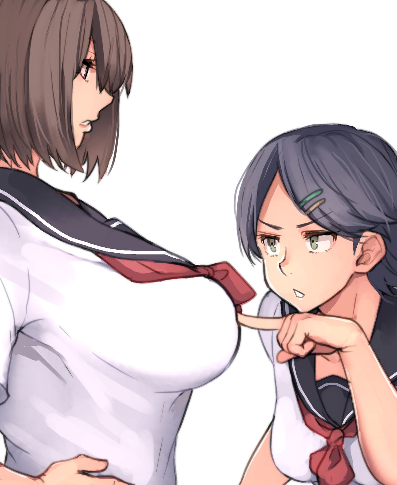 2018 2girls blue_hair breast_envy breast_poke breasts brown_hair clothed clothing female female_only green_eyes hand_on_hip highres large_breasts looking_at_another looking_at_breasts multiple_girls niece's_friend_(pepe_(jonasan)) niece_(pepe_(jonasan)) original pepe_(jonasan) poking red_eyes school_uniform serafuku shirt short_hair simple_background small_breasts standing teeth tight_clothing uniform white_background white_shirt