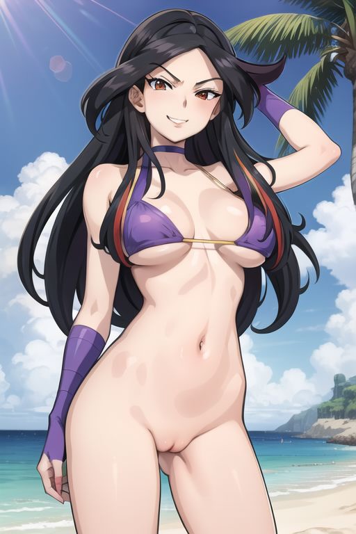 ai_generated beach bikini_top black_hair bottomless breasts civitai female long_hair lucy_(pokemon) nintendo pokemon smug solo tagme