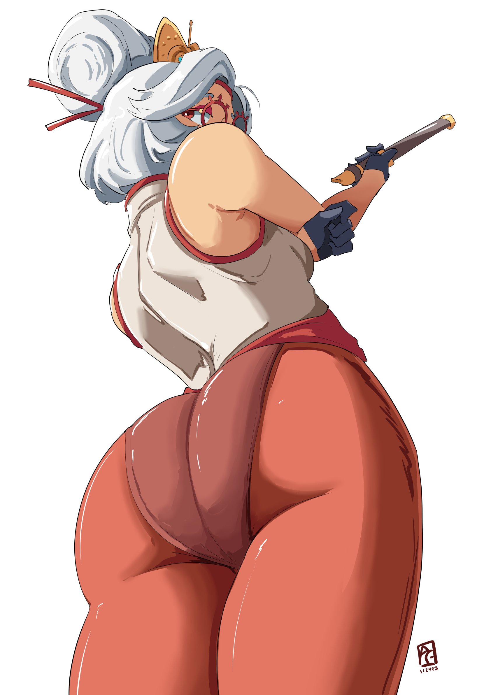 1girls, ass, ass focus, automatic giraffe, big, big ass, fat ass, female, female only, gloves, looking back, nintendo, purah, purah (tears of the kingdom), red eyes, red pants, simple background, solo, solo female, solo focus, tears of the kingdom, the legend of zelda, thick thighs, thighs, tight clothing, tight fit, white background, white hair