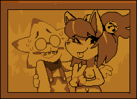 1boy 1girls 2023 blush braces canine ceroba_(undertale_yellow) ceroba_ketsukane completely_nude_female edit fox grasbas kitsune monster monster_girl nerd nervous_smile nosebleed peace_sign picture_frame pixel_art starlo_(undertale_yellow) tongue_out undertale undertale_(series) undertale_yellow wholesome