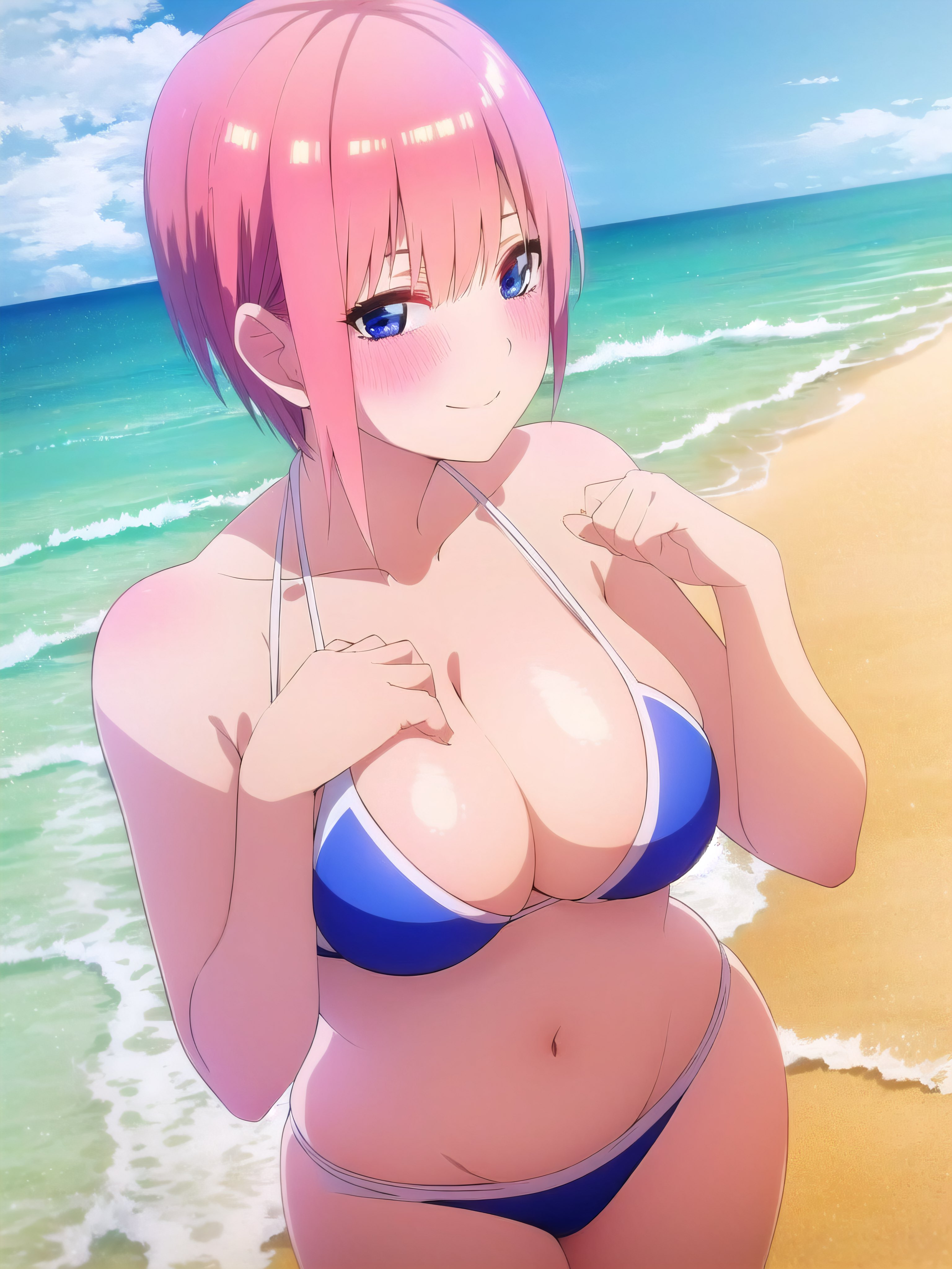 1girls, ai generated, beach, big breasts, bikini, breasts, busty, cleavage, female, go-toubun no hanayome, large breasts, legs, looking at viewer, nakano ichika, navel, ocean, smile, solo, thighs, voluptuous, water
