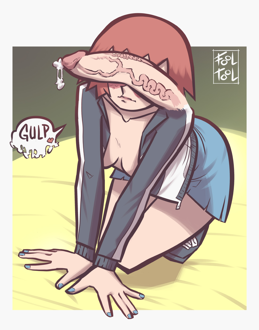 1boy, 1girls, blue nails, cum drip, disembodied penis, female, freckles, heart, kim pine, male, nail polish, penis, penis on face, preka, red hair, scott pilgrim, short hair