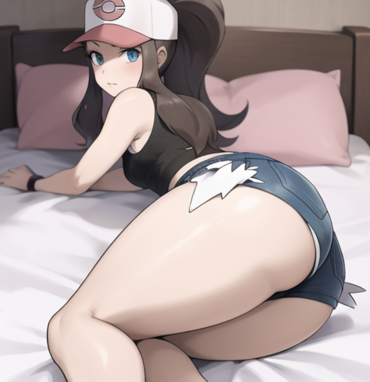 ai generated, ass, ass hanging out of shorts, baseball cap, big ass, blue eyes, booty shorts, brown hair, denim shorts, fat ass, female, hilda (pokemon), looking back, on bed, on side, pokemon, pokemon bw, short shorts, shorts, showing ass, thick thighs