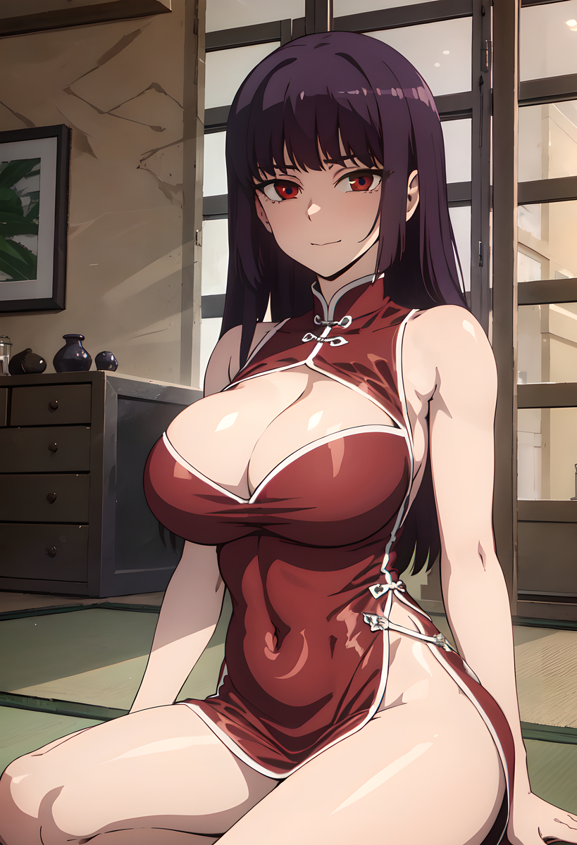 1girls, ai generated, big breasts, breasts, busty, chinese clothes, chinese dress, cleavage, covered navel, female, female only, large breasts, legs, long hair, looking at viewer, midriff, navel, please don't bully me, nagatoro, president (nagatoro), purple hair, red eyes, sana sunomiya, sitting, smile, solo, stable diffusion, thick thighs, thighs, voluptuous