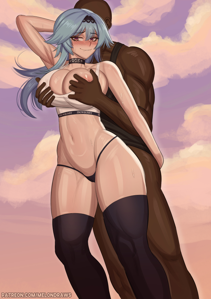 1boy 1girls bdone blue_hair blush breasts choker dark-skinned_male dark_skin embarrassed eula_(genshin_impact) female genshin_impact hips huge_breasts interracial light-skinned_female light_skin long_hair male melondraws nipple_slip qos qos_clothing queen_of_spades raceplay thick_thighs thighhighs thong wide_hips