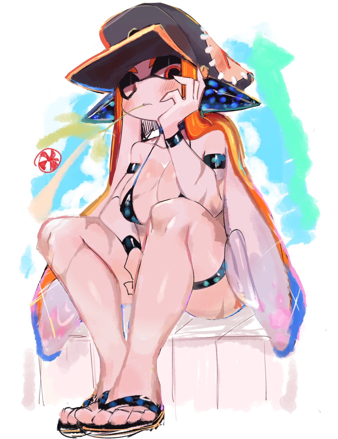 1girls agent_3_(splatoon) beach big_breasts bikini blush breasts captain_(splatoon_3) cephalopod_humanoid feet hat headphones humanoid inkling inkling_girl long_hair looking_down muscular_female narrowed_eyes object_in_mouth orange_eyes orange_hair pale-skinned_female pale_skin sandals scars sitting splatoon splatoon_(series) splatoon_3 swimsuit swimwear tentacle_hair unamused usa37107692