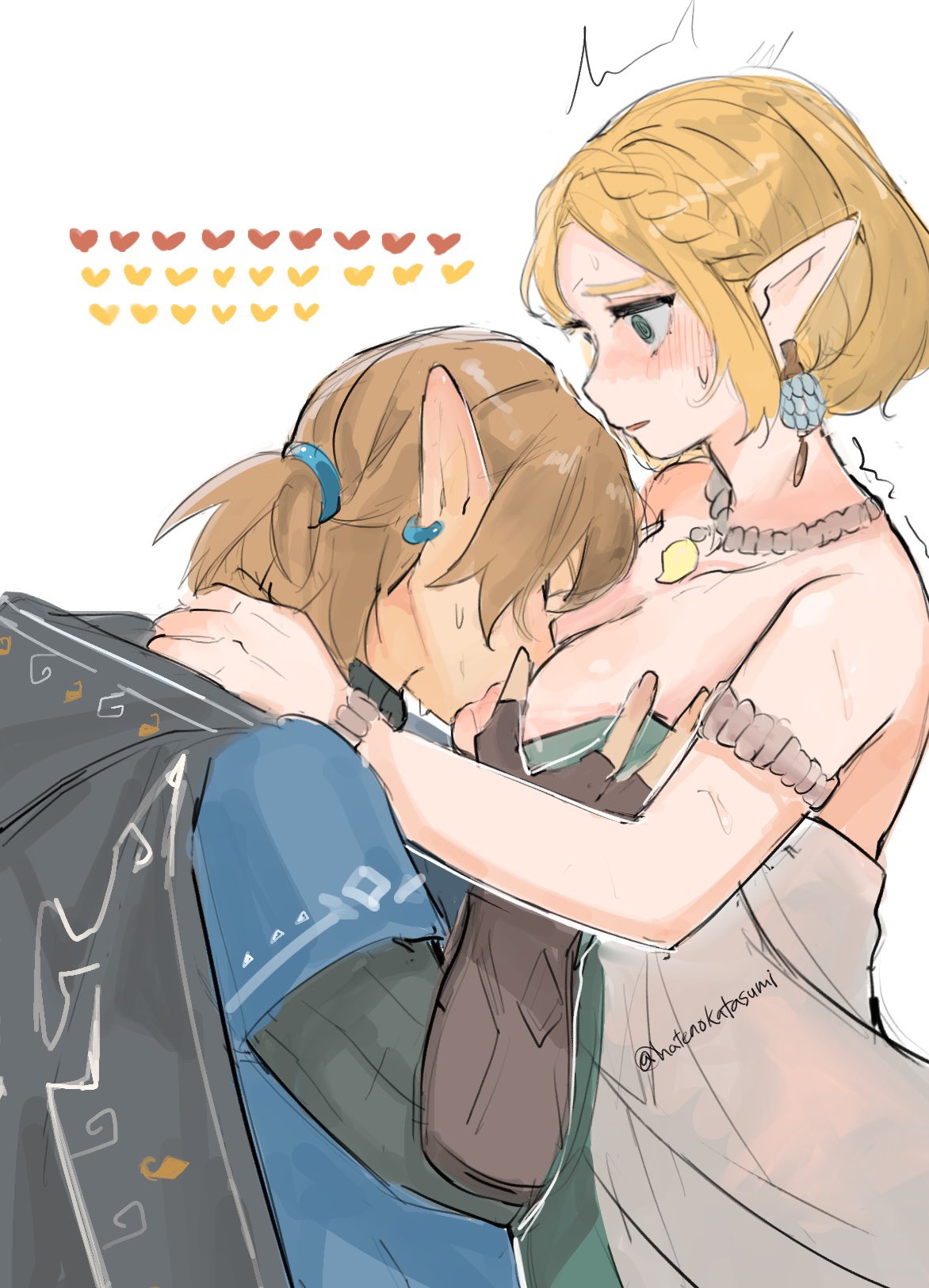 1boy, 1girls, blush, breast sucking, breastfeeding, breasts, breath of the wild, clothed, drinking milk, female, hatenokatasumi (artist), hylian, hylian ears, lactating, lactation, link, link (breath of the wild), male, milk squirt, nipple suck, nipple sucking, princess zelda, tears of the kingdom, the legend of zelda, zelda (tears of the kingdom), ס