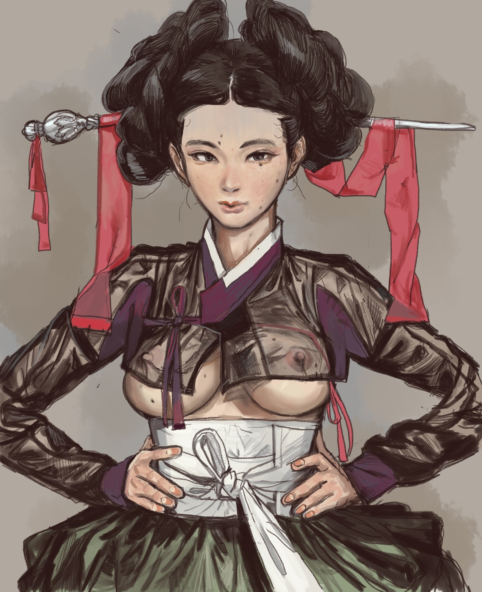 1girls, 2d, asian, black hair, breasts, female, female only, hair ornament, hands on hips, history, korean, korean clothes, korean female, medium breasts, mossa, nipples, nipples visible through clothing, no bra, see-through, see-through clothing, solo, solo female, underboob