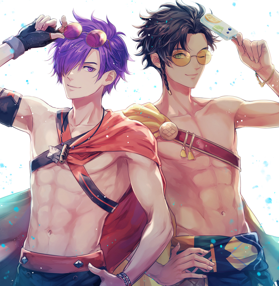 2boys alternate_costume brown_hair claude_von_riegan claude_von_riegan_(summer) commentary_request eyewear_on_head fingerless_gloves fire_emblem fire_emblem:_three_houses fire_emblem_heroes fire_emblem_warriors:_three_hopes food gloves green_eyes hand_on_own_hip holding holding_food holding_popsicle looking_at_viewer male male_focus male_only male_swimwear multiple_boys nintendo official_alternate_costume popsicle purple_eyes purple_hair round_eyewear saku_(soreca49) shez_(fire_emblem) shez_(male)_(fire_emblem) shez_(male)_(summer)_(fire_emblem) smile swim_trunks topless_male white_background