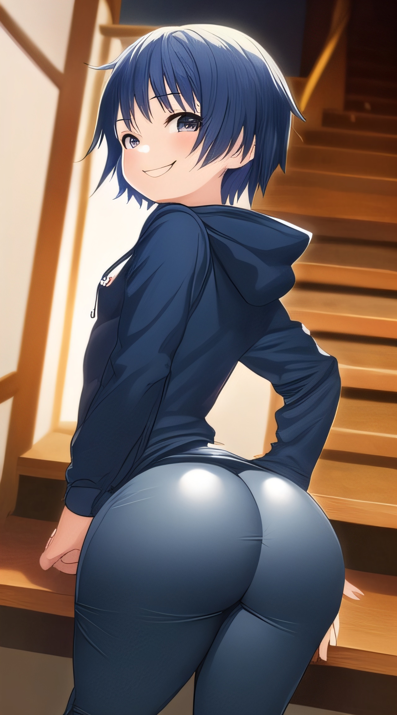 1boy, ai generated, ass, big ass, big butt, blue eyes, blue hair, curvaceous, cute, fat ass, femboy, gay, innocent, leggings, looking at viewer, looking back, male, original, original character, round ass, round butt, smiling, solo, thick thighs, tight pants, yaoi, young, younger male