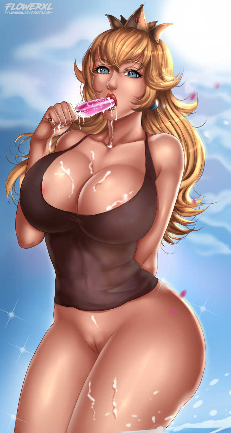 1girls alternate_costume blonde_hair blue_eyes blue_sky breasts busty cleavage covering_breasts crown earrings female female_only flowerxl food hips holding_food hourglass_figure huge_breasts ice ice_cream ice_cream_on_breasts jewelry large_breasts legs lipstick long_hair looking_at_viewer mario_(series) nintendo nipples no_shorts oral_insertion pinup popsicle princess princess_peach pussy red_lipstick sexually_suggestive shorts solo standing sweets tank_top thighs very_long_hair voluptuous voluptuous_female