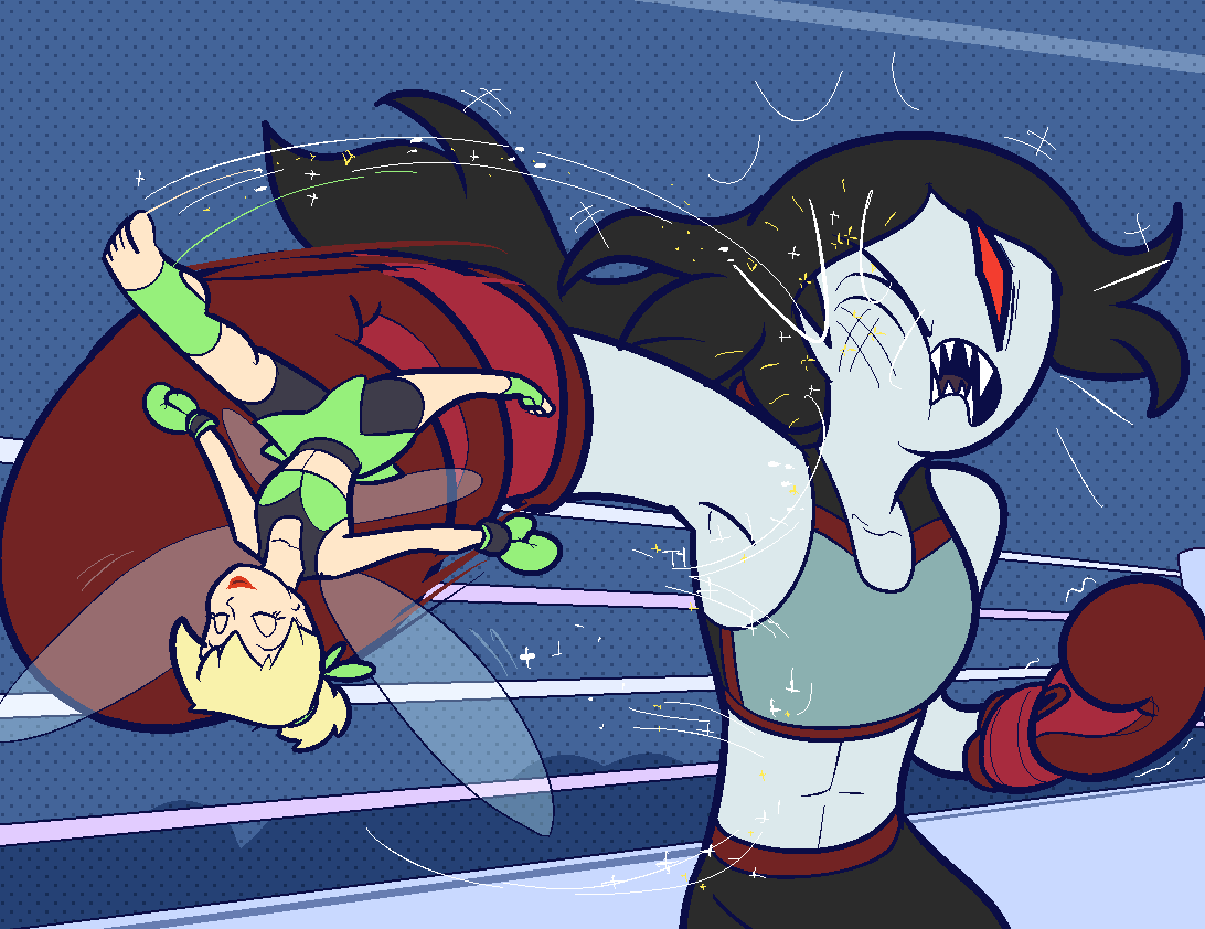 2girls adventure_time boxing boxing_gloves boxing_match boxing_ring cartoon_network crossover disney fairy female female_focus female_only fight fighting_ring gloves green_boxing_gloves green_gloves kicking kicking_face literature marceline monster_girl netto-painter peter_pan_(disney) public_domain red_boxing_gloves red_gloves size_difference tinker_bell vampire vampire_girl warner_brothers