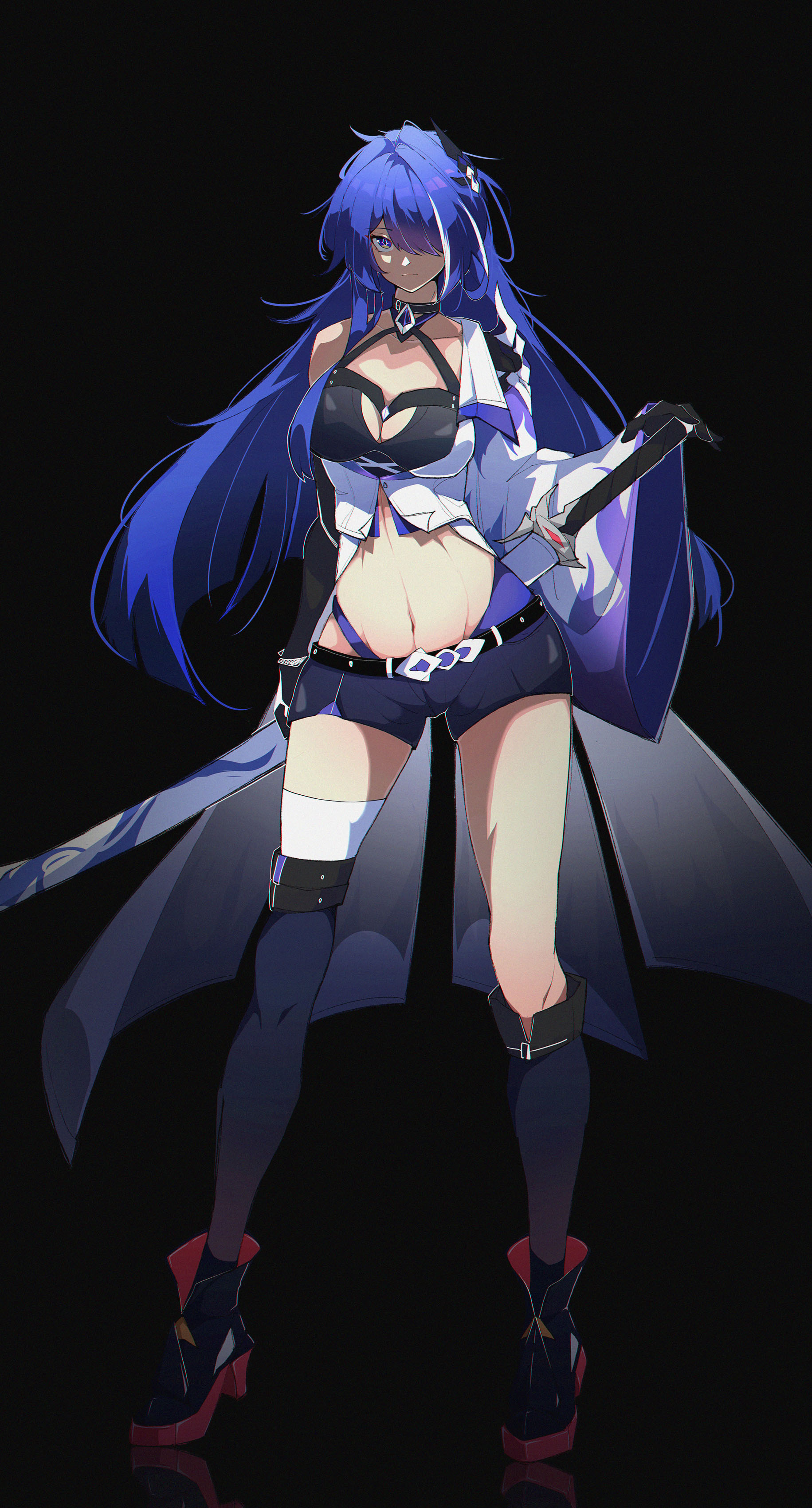 1girls, acheron (honkai: star rail), artist request, blue eyes, blue hair, breasts, exposed belly, eye covered, female, female focus, female only, flat belly, honkai (series), honkai: star rail, katana, large breasts, light skin, light-skinned female, long legs, looking at viewer, one eye covered, sword, tagme, tagme (artist), wide hips