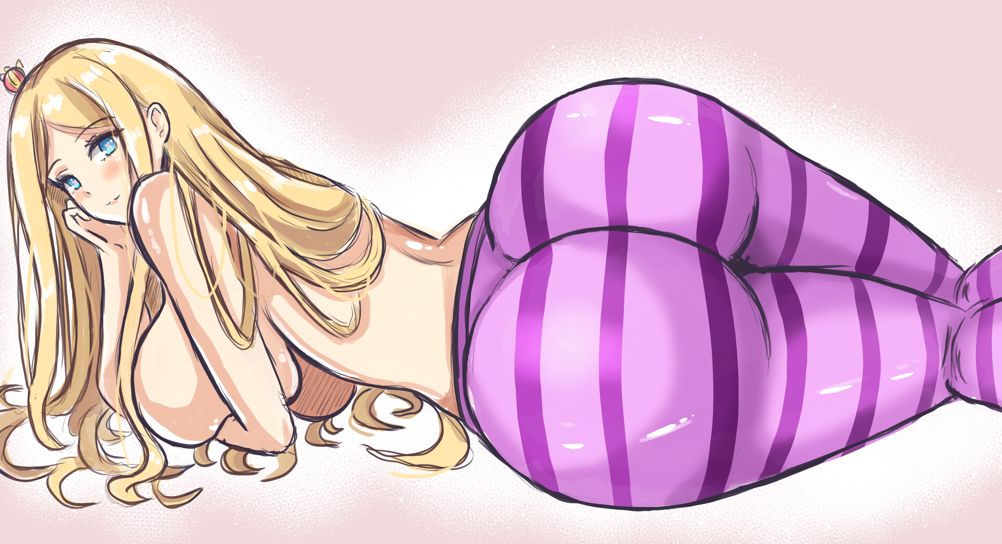 aged up, ass, ayannon yumme, beatrice (re:zero), big ass, big butt, blonde hair, blue eyes, blush, breasts, breasts out, butterfly-shaped pupils, covering breasts, female, huge ass, huge breasts, huge butt, long hair, mini crown, no bra, oppai, pantyhose, re:zero kara hajimeru isekai seikatsu, sidelocks, striped legwear, symbol-shaped pupils