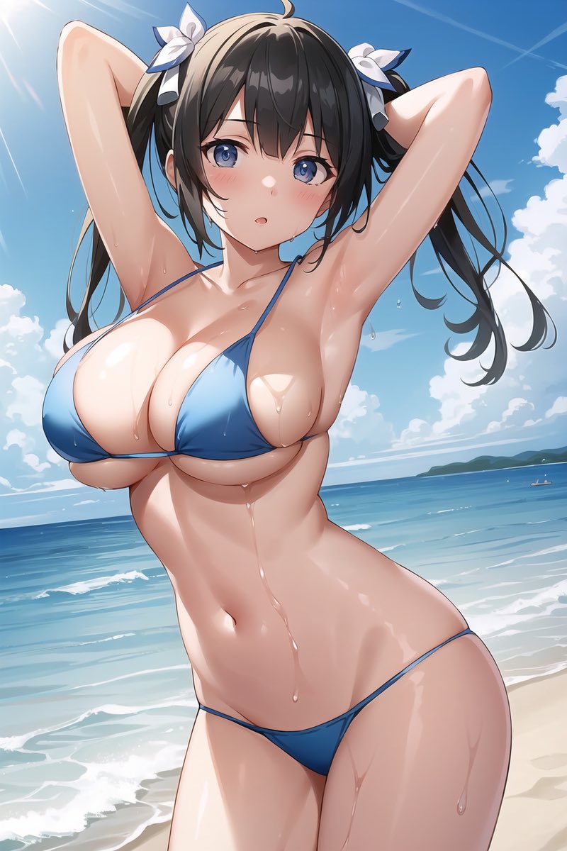 1girls, ai generated, armpits, arms behind head, beach, big breasts, bikini, black hair, blue eyes, breasts, busty, cleavage, dungeon ni deai wo motomeru no wa machigatteiru darou ka, female, hestia (danmachi), large breasts, long hair, looking at viewer, navel, ocean, pose, posing, sexy armpits, solo, swimsuit, twintails, water