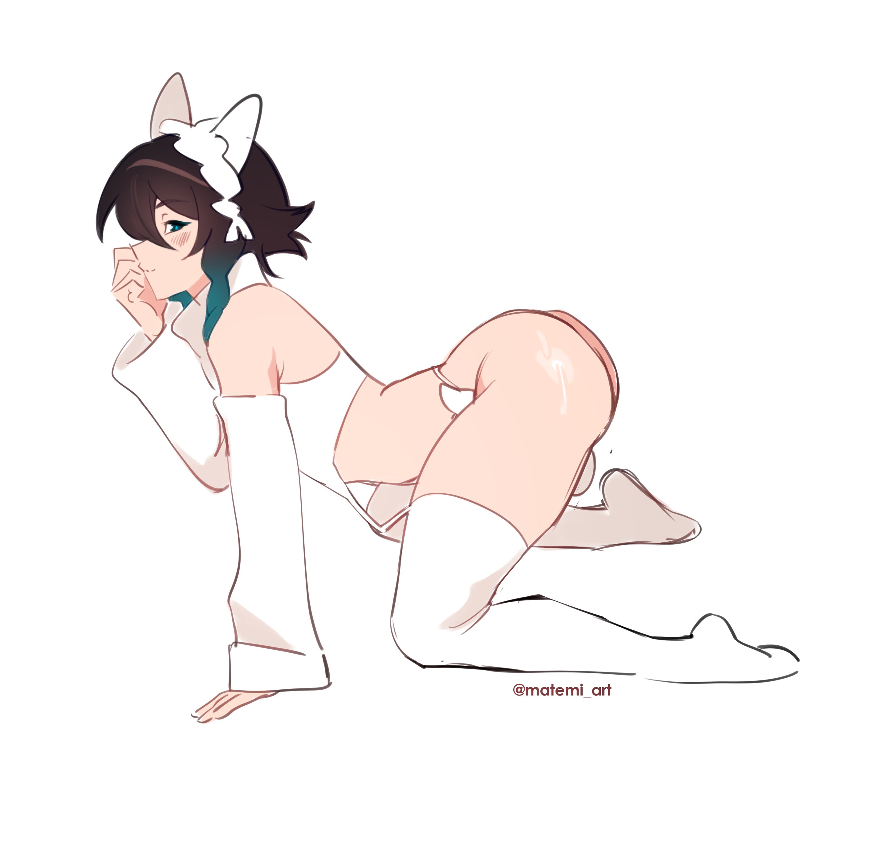 1boy, all fours, arched back, blue hair, braid, detached sleeves, fake animal ears, femboy, genshin impact, hi res, male, matemi, socks, solo, solo male, thighhighs, venti (genshin impact)