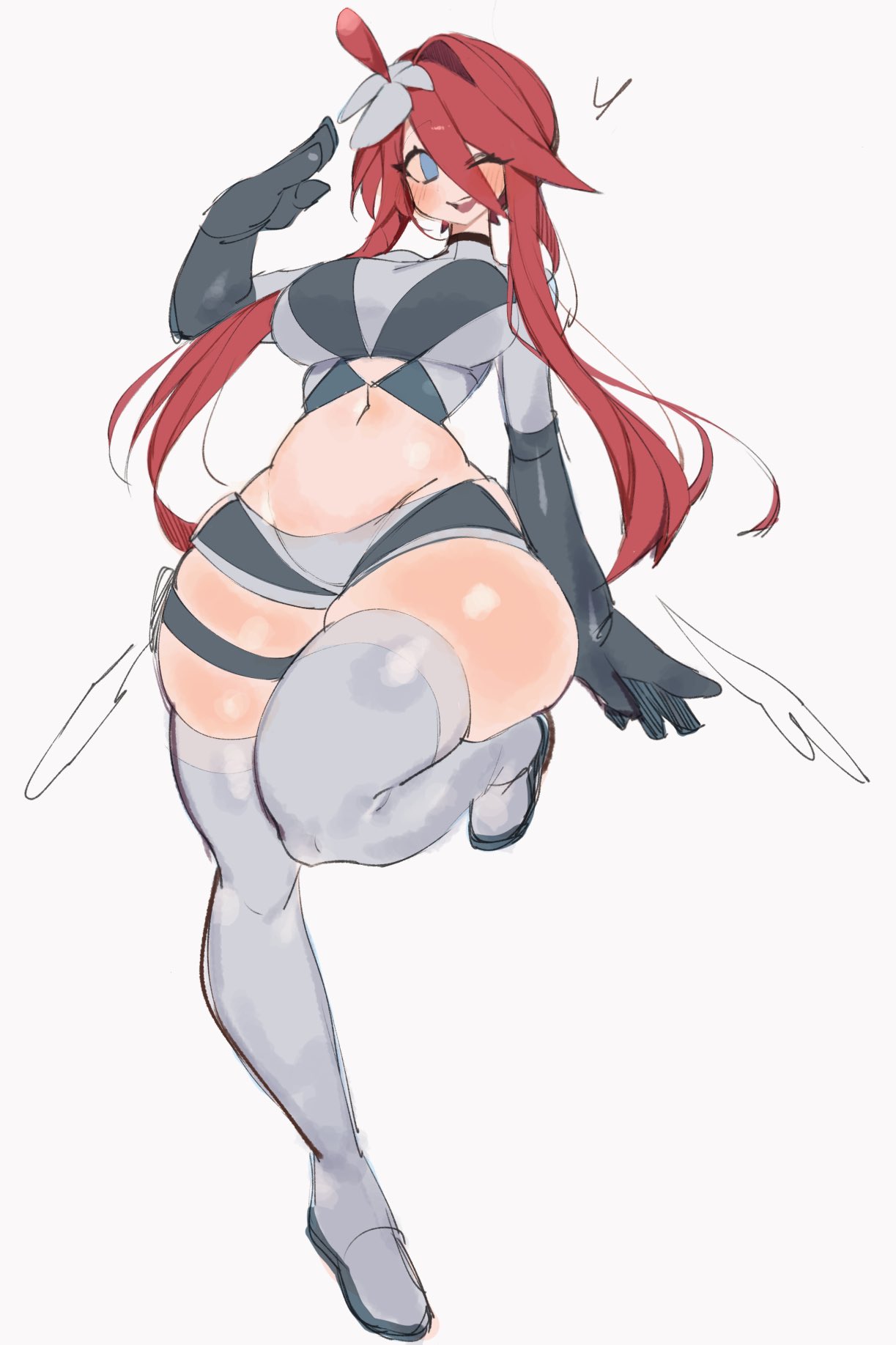 breasts, female, female only, gloves, long hair, nintendo, one eye closed, pokemon, pokemon trainer, red hair, skyla (pokemon), smile, thick thighs, thighs, tied hair, usa37107692, white background, wide hips