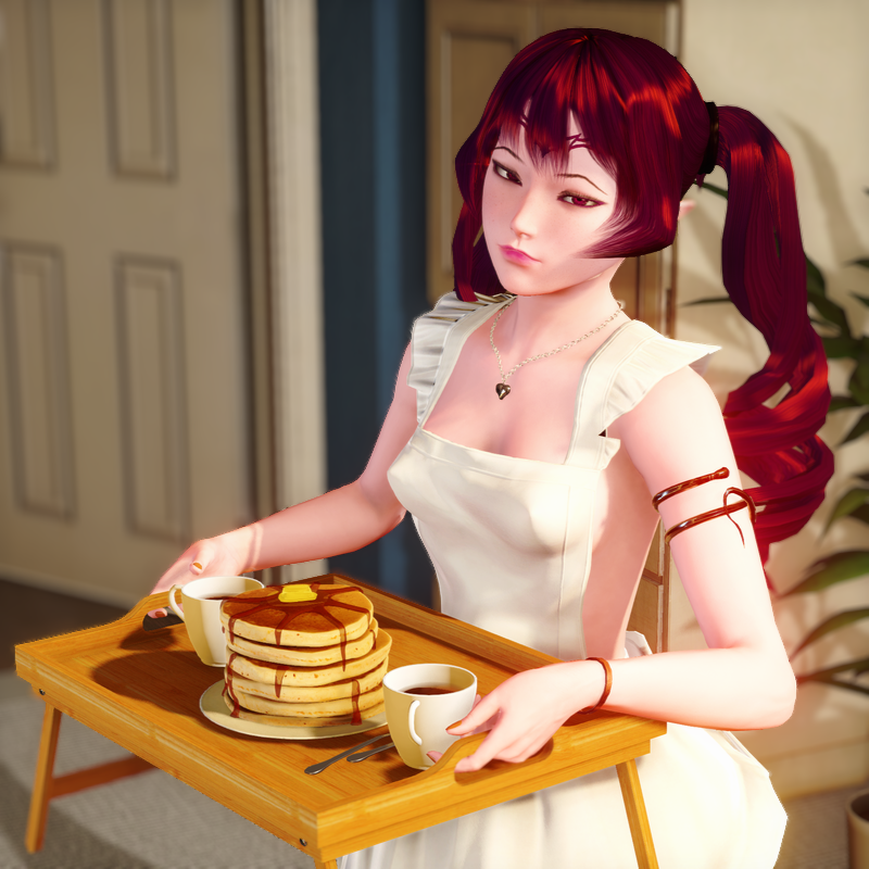 1girls 3d 3d_(artwork) 3dcg a_house_in_the_rift apron apron_only azraesha bangs bedroom_eyes bracelet bracelets breakfast breakfast_in_bed breasts_visible_through_clothing cg coffee coffee_cup coffee_mug female female_focus female_only food food_tray heart locket long_hair looking_at_viewer natural_breasts nipples_visible_through_clothing original original_art original_artwork original_character original_characters pancakes partially_clothed pink_skin ponytail ponytails succubus tray video_game video_game_character video_games visual_novel vn