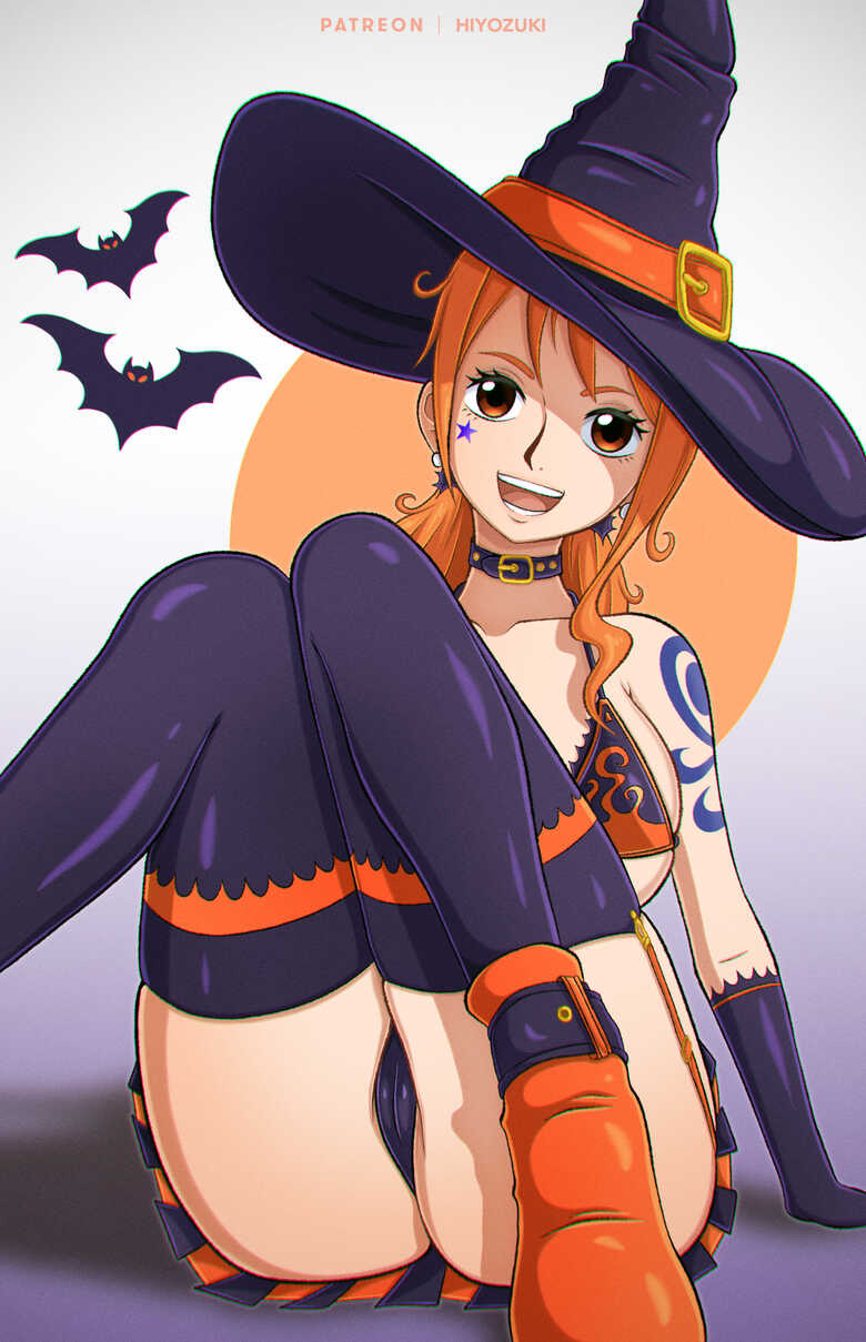 1girls bats big_breasts boots bra breasts choker color female female_focus female_only front_view gloves hair halloween highres hiyozuki moon nami nami_(one_piece) one_piece orange_eyes orange_hair orange_shoes panties post-timeskip purple_choker purple_gloves purple_hat purple_headwear shoulder_tattoo shounen_jump sitting solo solo_female solo_focus tattoo tattooed_arm thick_thighs thighs witch witch_costume witch_hat