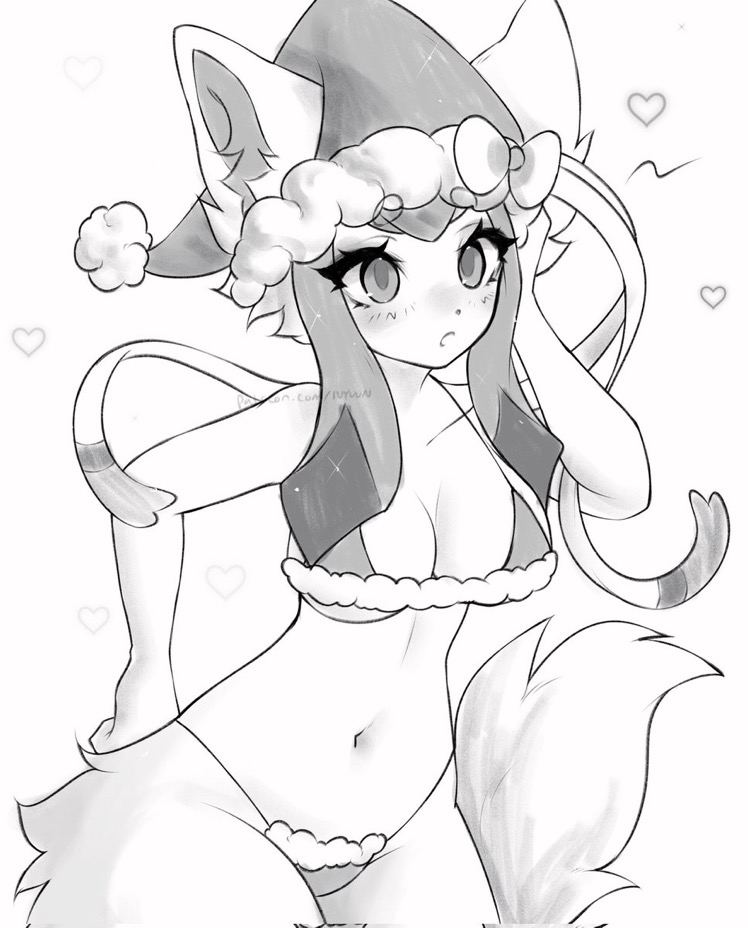 animal_ears animal_tail anthro bikini bikini_bottom bikini_top christmas christmas_bikini christmas_hat eeveelution furry glaceon ivyuun pokémon_(species) pokemon pokemon_(species) tagme