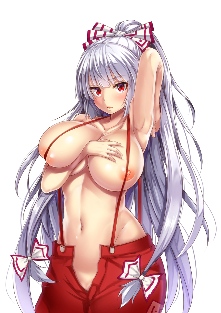 arm_up armpits blush bow breast_press breasts collarbone commentary_request cowboy_shot ebi_193 female fujiwara_no_mokou groin hairbow hand_on_own_chest large_breasts long_hair looking_at_viewer naked_suspenders navel nipples open_fly open_mouth pants parted_lips red_eyes red_pants silver_hair simple_background solo standing stomach suspenders topless touhou very_long_hair white_background white_bow