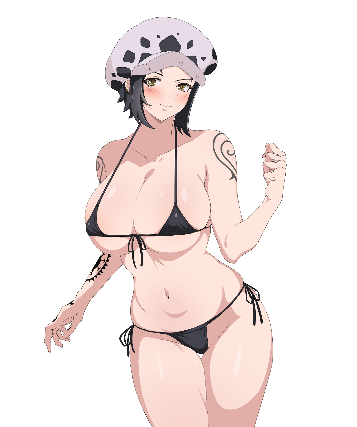 1girls, barely clothed, big breasts, bikini, black bikini, black hair, blush, blushing, breasts, canon genderswap, cleavage, color, covered nipples, dark hair, female, female focus, female only, genderswap, genderswap (mtf), hat, headwear, hourglass figure, large breasts, light skin, light-skinned female, micro bikini, one piece, plain background, pose, posing, qmulusz, rule 63, short hair, shoulder tattoo, side-tie bikini, smile, solo, solo focus, swimsuit, tattoo, tattooed arm, tattoos, thick thighs, thighs, trafalgar law, trafalgar law (female), white background, wide hips, yellow eyes