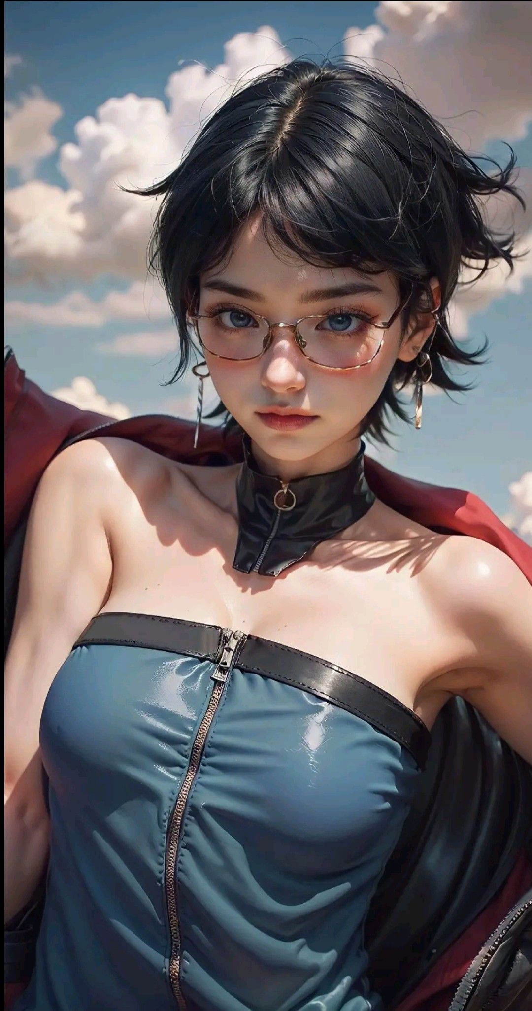 ai generated, black hair, boruto: naruto next generations, breasts, dark hair, female, glasses, naruto, naruto (series), sarada uchiha, shoulders, small breasts