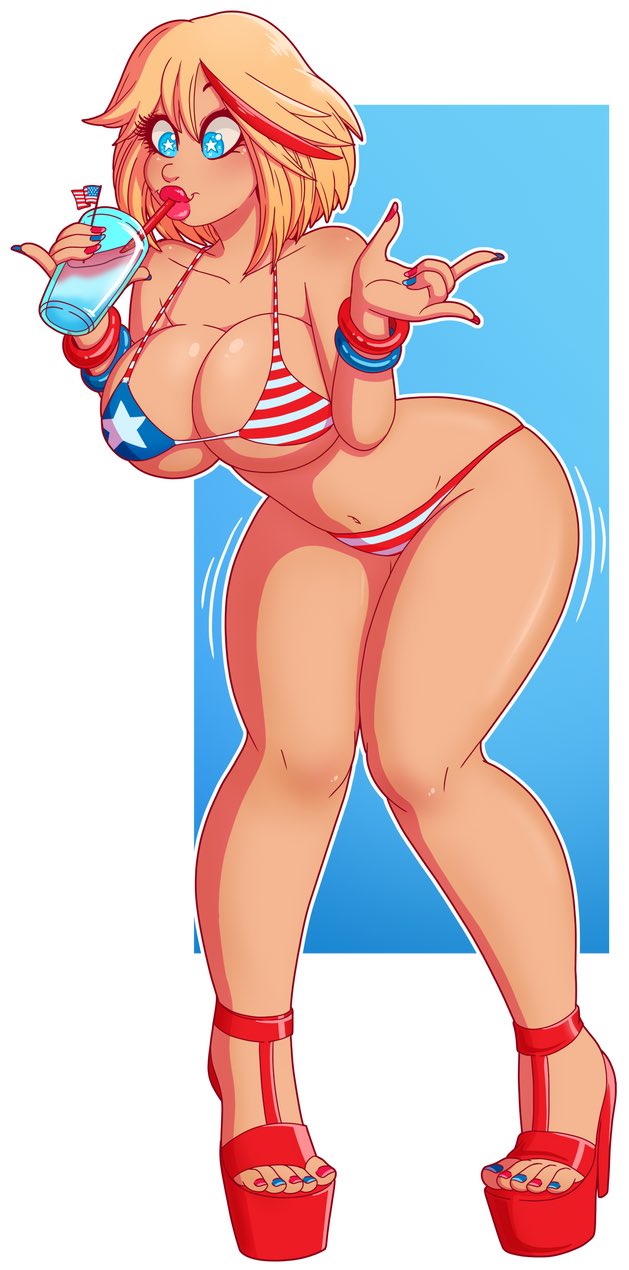 1girls, 4th of july, alternate skin color, american flag bikini, big breasts, bimbo, bimbo body, bimbo lip, bimbo lips, bimbofication, blonde hair, blue background, blue nail polish, breasts, female, female focus, female only, high heels, kill la kill, matoi ryuuko, painted fingernails, painted nails, painted toenails, platform heels, race swap, red nail polish, short hair, solo, solo focus, spread legs, standing, stars, white background, wrenzephyr2