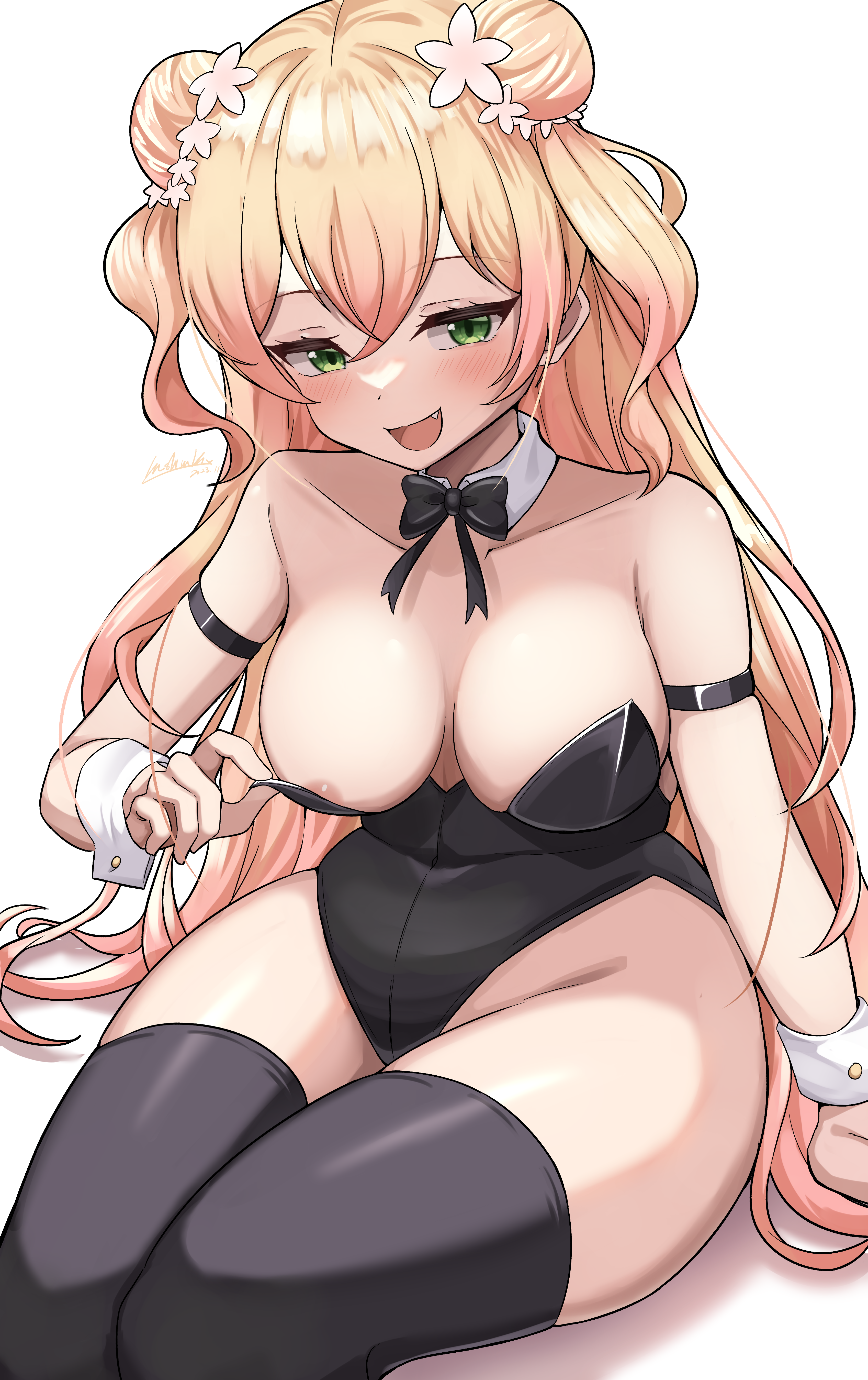1girls, 2023, absurdres, areola slip, black leotard, black thighhighs, blonde hair, breasts, bunnysuit, cleavage, collar, cute fang, detached collar, double bun, female, flower, green eyes, hair bun, hair flower, hair ornament, hashira 14, highres, hololive, hololive gen 5, hololive japan, large breasts, leotard, long hair, looking at viewer, momosuzu nene, oerba yun fang, open mouth, playboy bunny, smile, solo, strapless, strapless leotard, thighhighs, very long hair, virtual youtuber, white collar, white wrist cuffs, wrist cuffs
