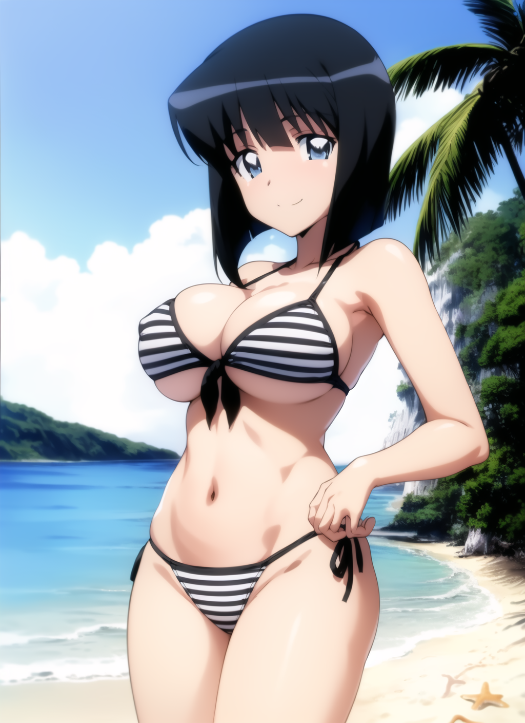 1girls ai_generated ai_hands beach big_breasts bikini black_hair blue_eyes busty child_bearing_hips female female_only large_breasts legs looking_at_viewer navel ocean short_hair siesta smile solo thighs voluptuous water zero_no_tsukaima