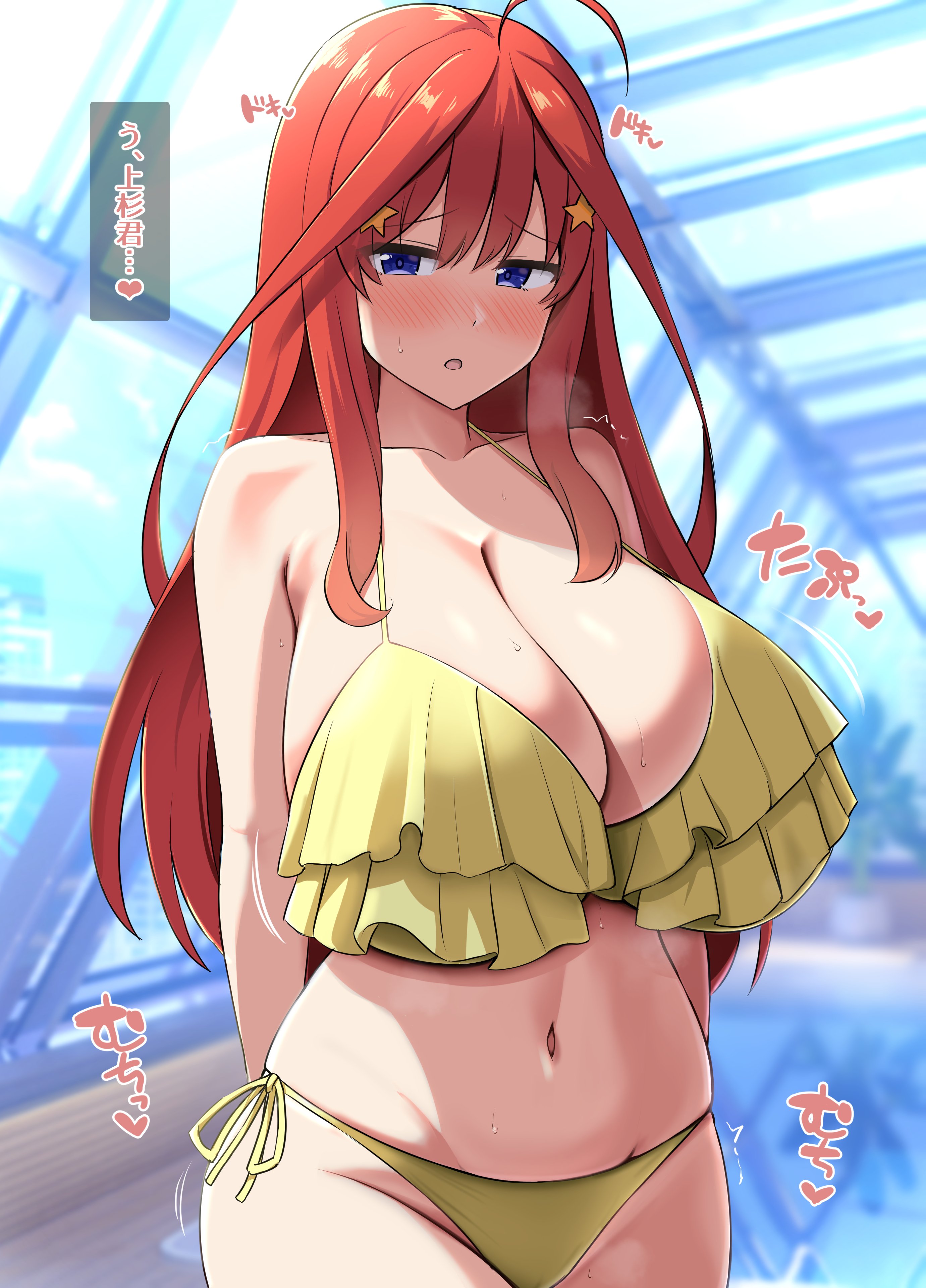 1girls, bikini, breasts, cleavage, female, go-toubun no hanayome, huge breasts, large breasts, nakano itsuki, navel, pool, solo, solo female, standing, tomato rice, translation request, yellow bikini