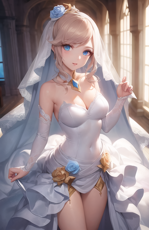 1girls ai_generated blonde_hair blue_eyes bride crystal_rose_lux crystal_rose_series female_only league_of_legends league_of_legends:_wild_rift luxanna_crownguard solo_female wedding_dress