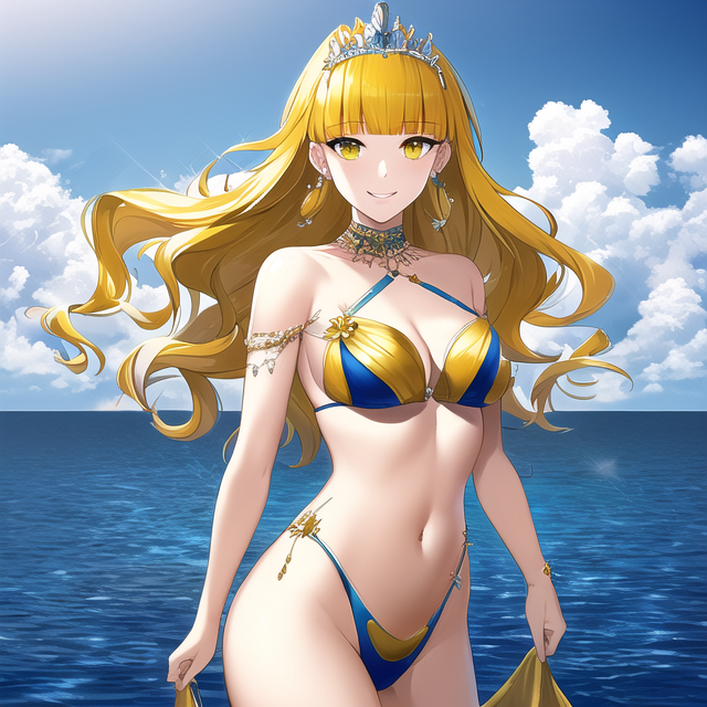 1girls ai_generated alluring bare_legs beach bikini blonde_hair breasts duck_captain_(artist) female legs ocean ohsama_sentai_king-ohger ran_himeno super_sentai tiara yellow_eyes