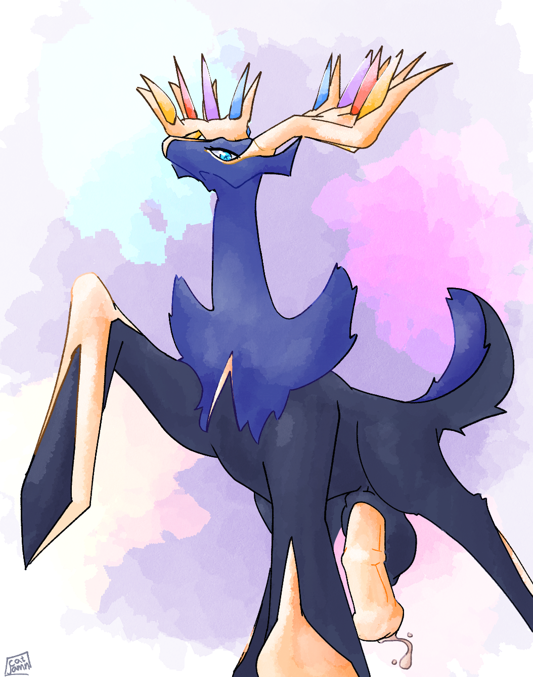 animal_genitalia animal_penis bodily_fluids catjam_(artist) cum equine_genitalia equine_penis feral feral_only generation_6_pokemon genital_fluids genitals hi_res legendary_pokemon looking_at_viewer looking_down low-angle_view male nintendo penis pokemon pokemon_(species) solo xerneas