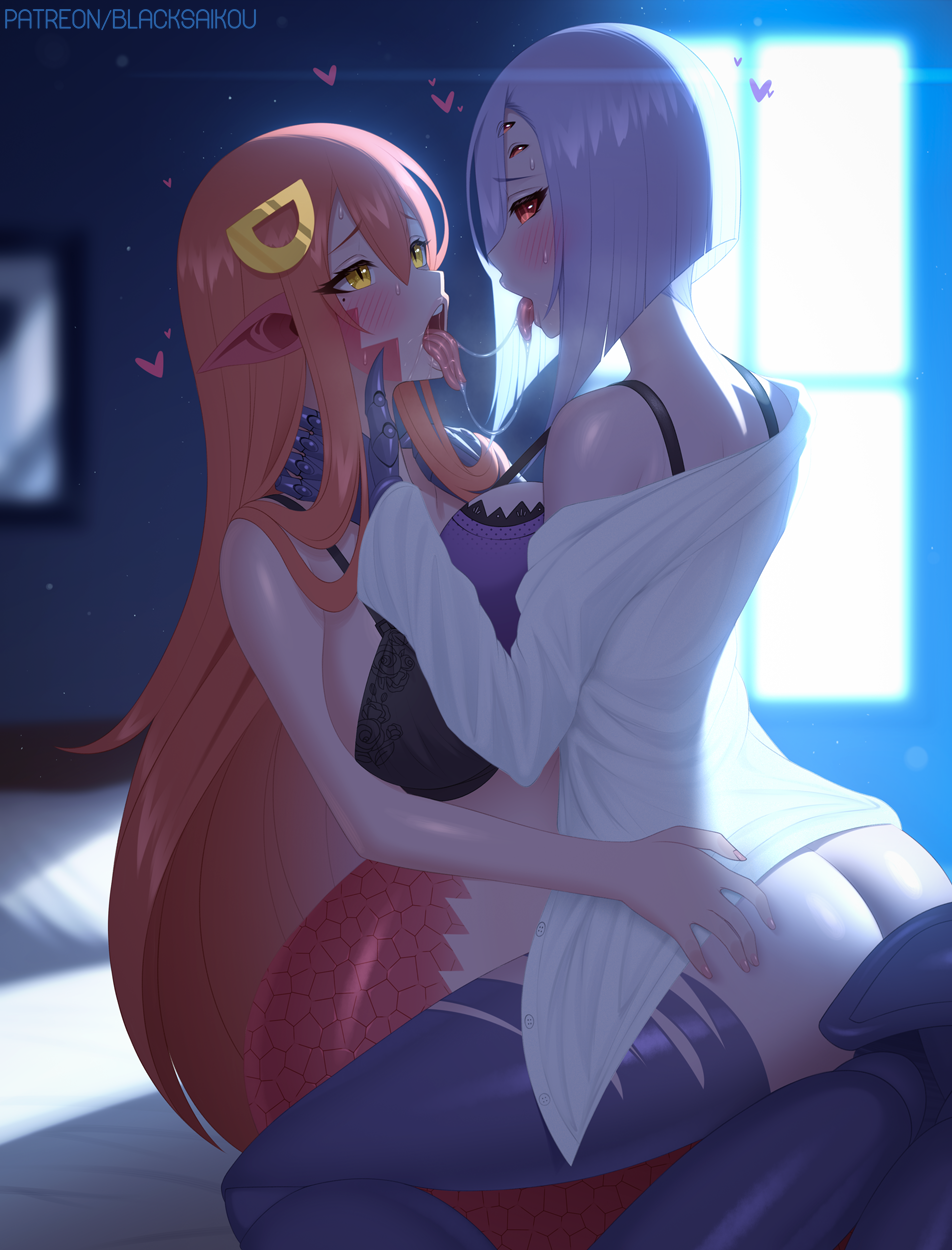 2girls arachne blacksaikou bra kissing lamia miia_(monster_musume) monster_girl monster_musume_no_iru_nichijou multiple_girls rachnera_arachnera yuri