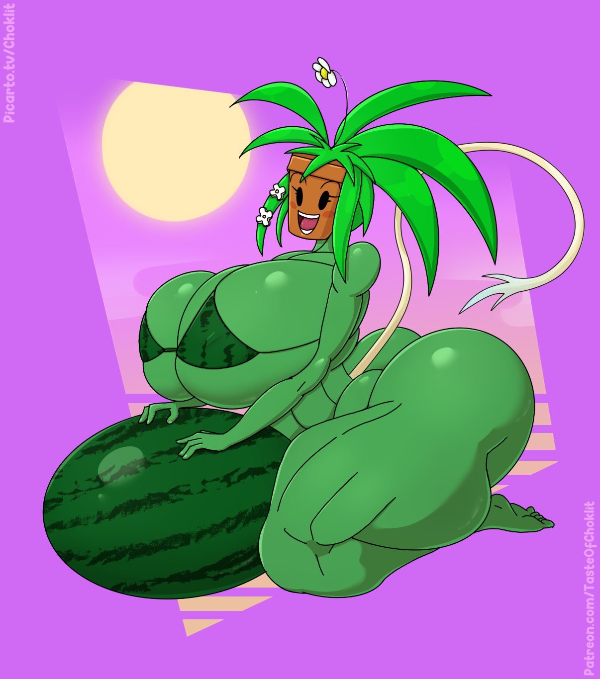 alternate_version_available ass big_breasts big_butt bikini bikini_top black_eyes blaster_master blush blush_stickers breasts clothed clothing elemental_creature elemental_humanoid flora_fauna flower food for_a_head fruit green_body huge_breasts huge_butt huge_cock huge_thighs humanoid kanna_(blaster_master) kneeling looking_at_viewer melon mostly_nude object_head open_mouth plant plant_humanoid plantie rule_63 solo sun swimwear tagme tasteofchoklit thick_thighs watermelon