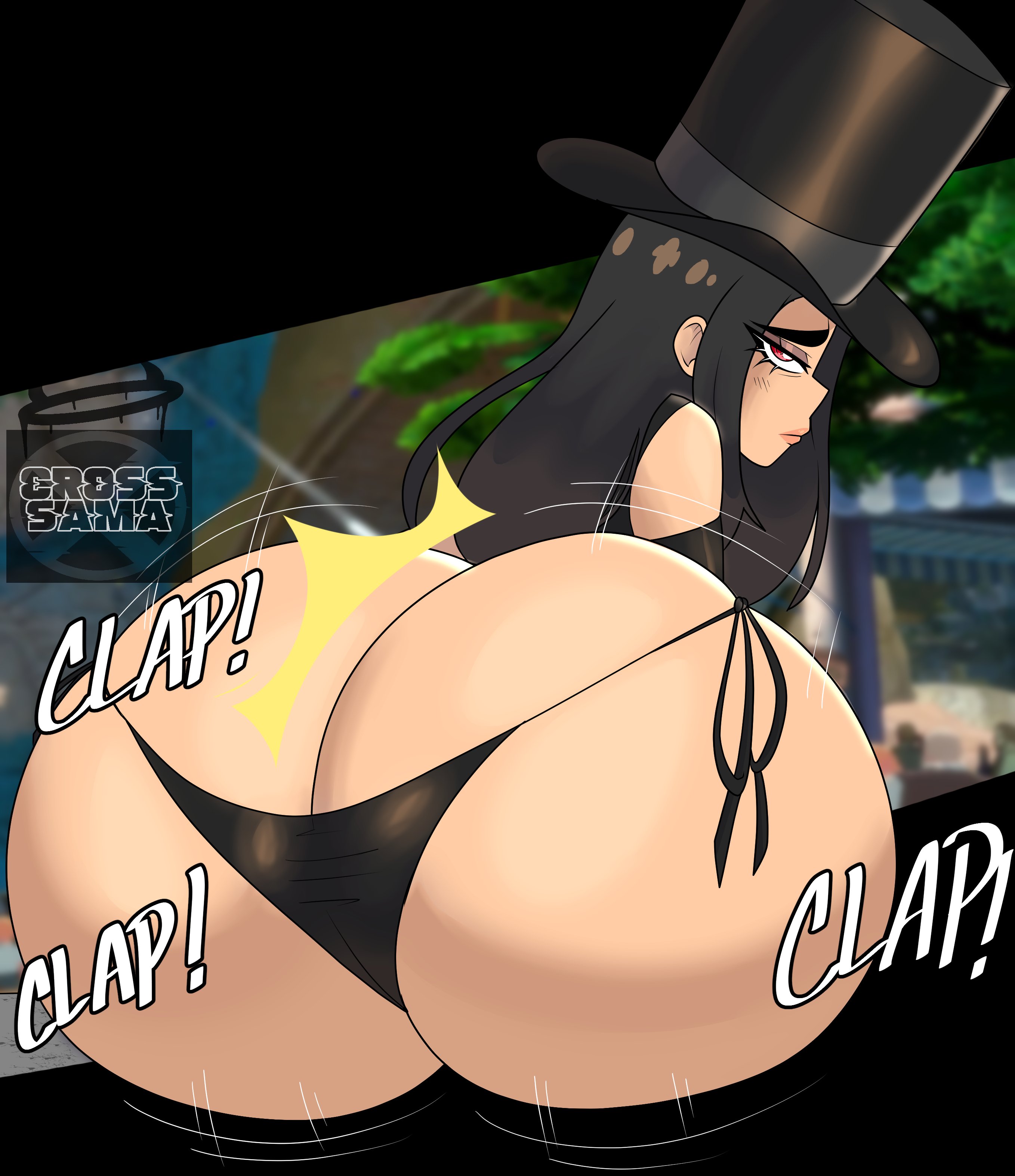 ass, cross samax, female, guilty gear, guilty gear strive, huge ass, long hair, panties, red eyes, testament (guilty gear), tophat, twerking