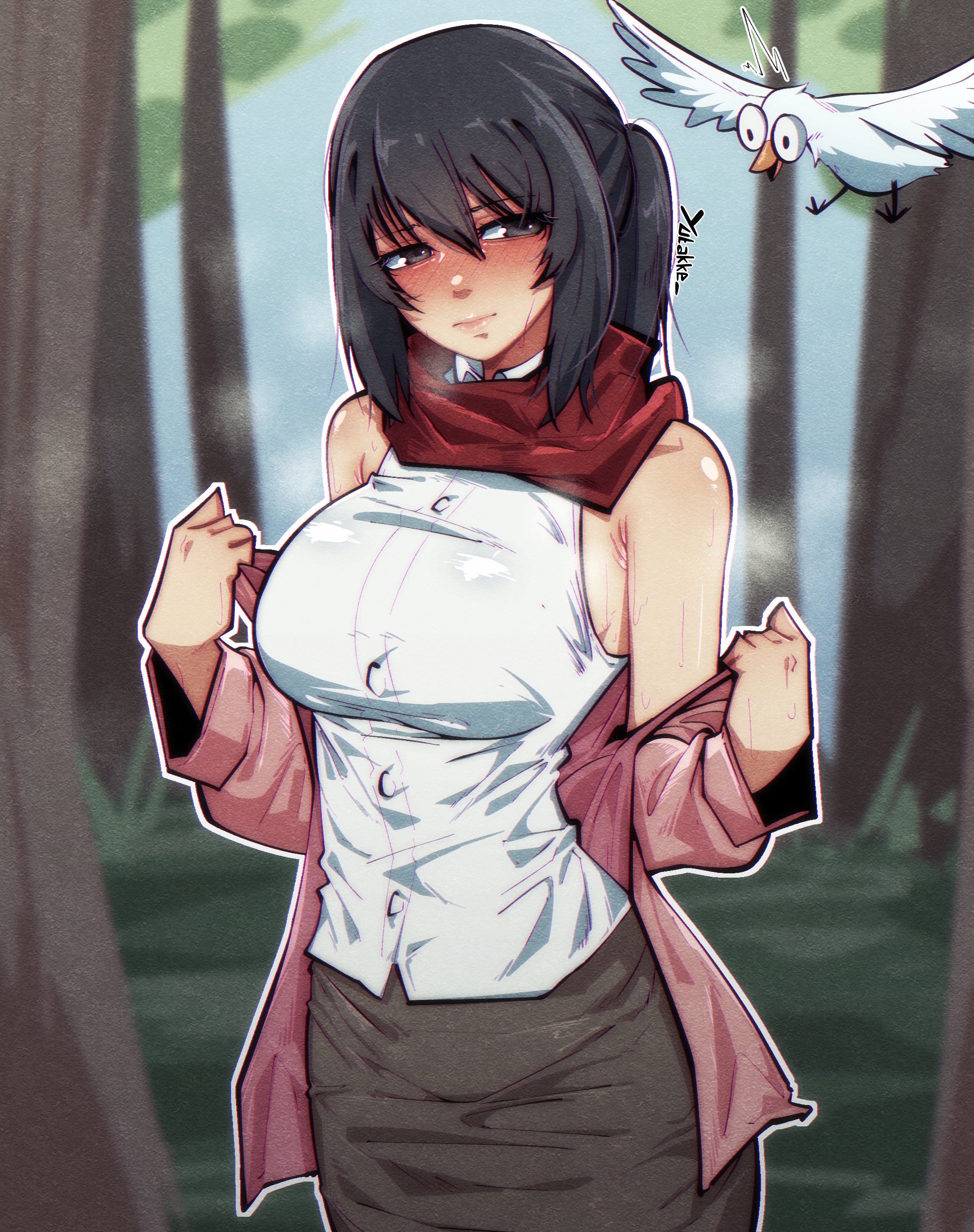 attack on titan, beauty mark, bird, blush, female, mikasa ackerman, removing clothing, scarf, shingeki no kyojin, shoulders, transformation, undressing, yutakke