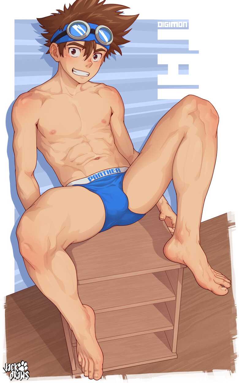 1boy abs blue_underwear brown_eyes brown_hair bulge bulge_through_clothing digimon feet feet_up hairless human jackdraws looking_at_viewer male male_only muscles muscular muscular_male panther sitting_on_furniture smile smiling smiling_at_viewer taichi_yagami thick_thighs underwear underwear_bulge underwear_only yaoi