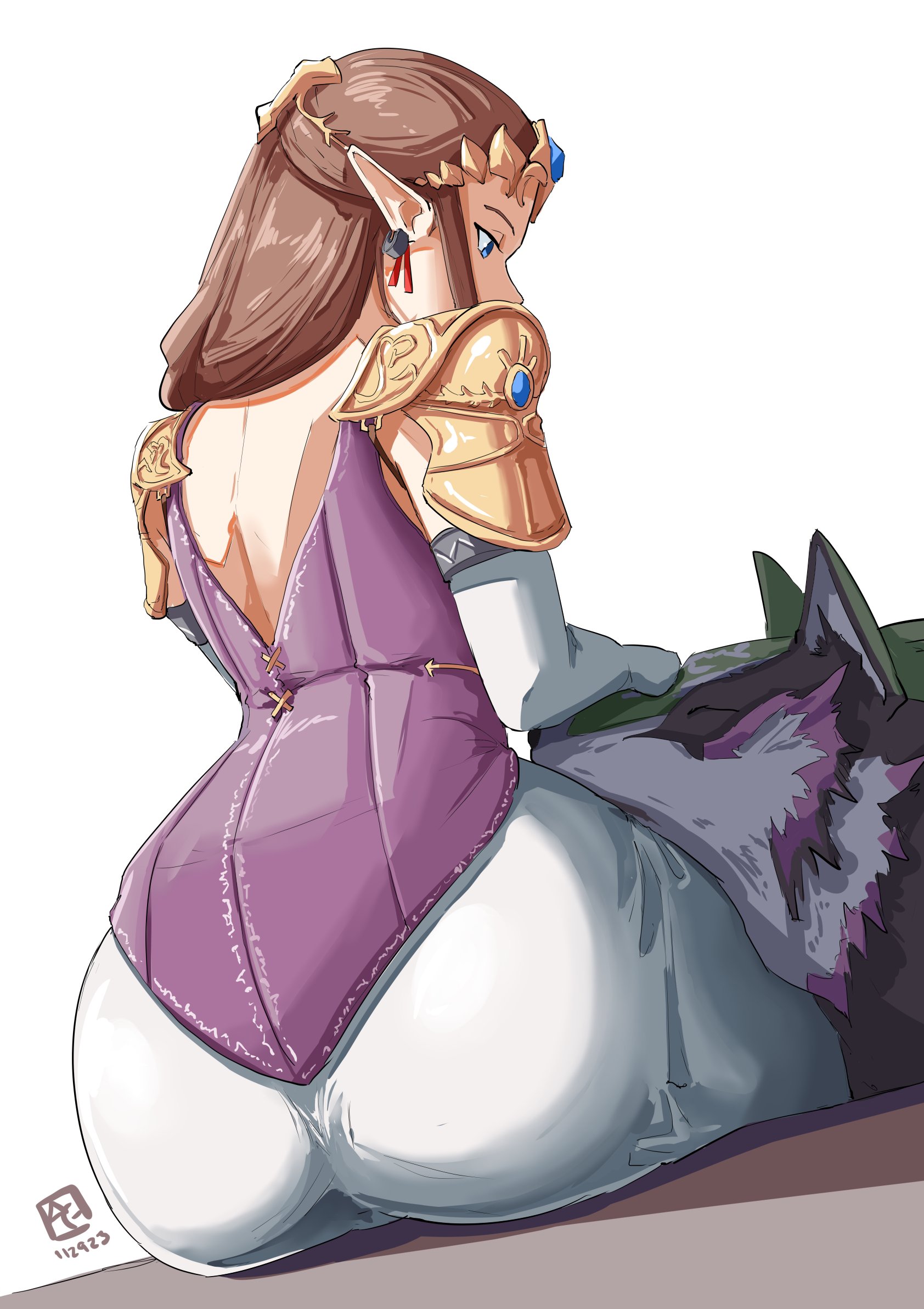 1girls, anthro, artist name, artist signature, ass, ass focus, ass in dress, automatic giraffe, backless dress, backless outfit, big ass, big butt, blue eyes, brown hair, curvaceous, curvaceous female, curvy, dress, earring, earrings, elbow gloves, fat ass, female, female focus, forehead protector, gloves, headwear, hi res, high resolution, highres, huge ass, large ass, light skin, light-skinned female, long ears, long gloves, long hair, nintendo, petting, petting head, pointy ears, princess, princess zelda, royalty, simple background, sitting, sitting down, tagme, the legend of zelda, thick ass, twilight princess, voluptuous, voluptuous female, white background, white gloves, wolf, wolf link, zelda (twilight princess)