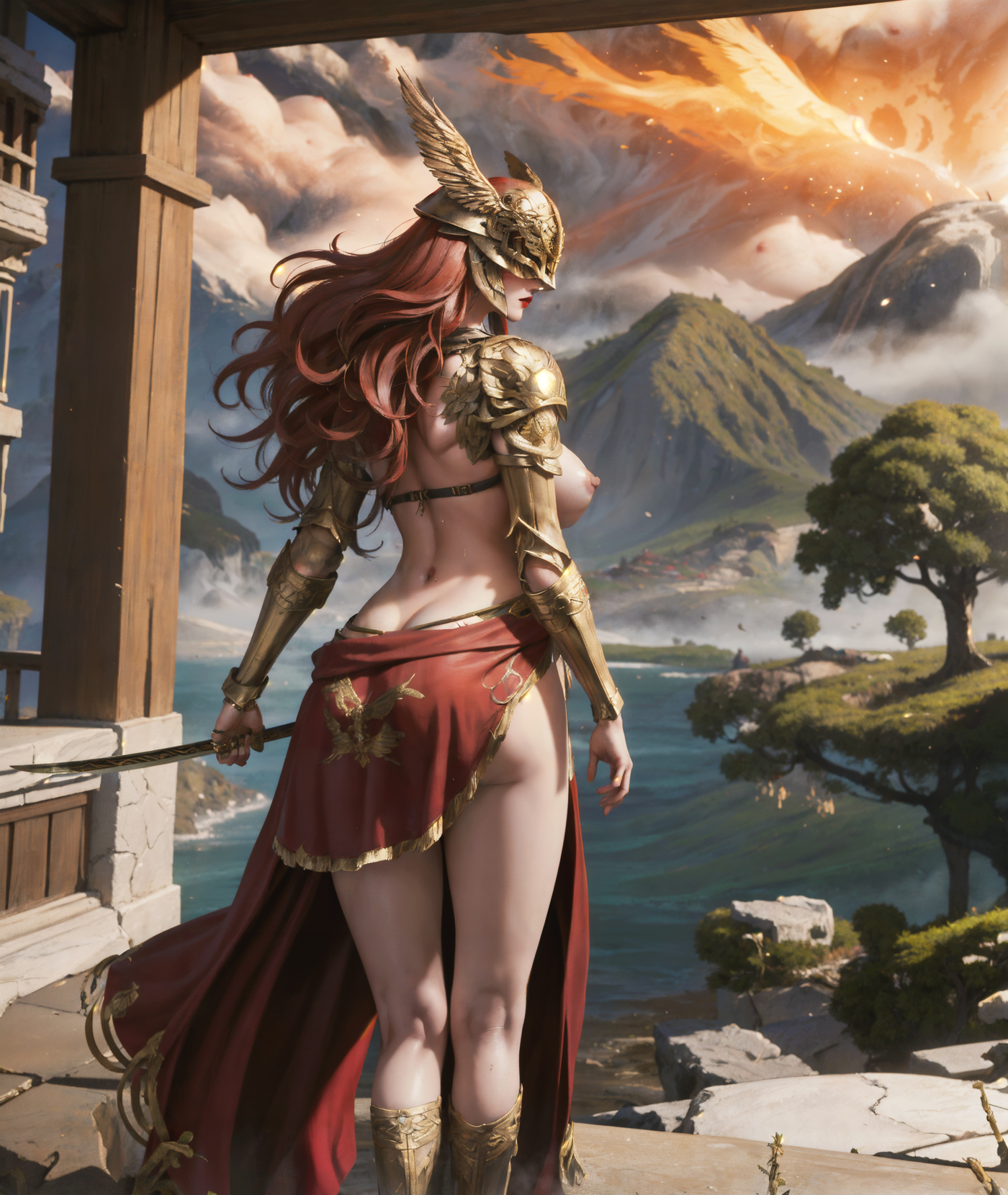 1girls, ai generated, ass, ass cleavage, barely clothed, big ass, big breasts, breasts, elden ring, female, female focus, female only, fromsoftware, large breasts, malenia blade of miquella, red hair, thighs, warrior