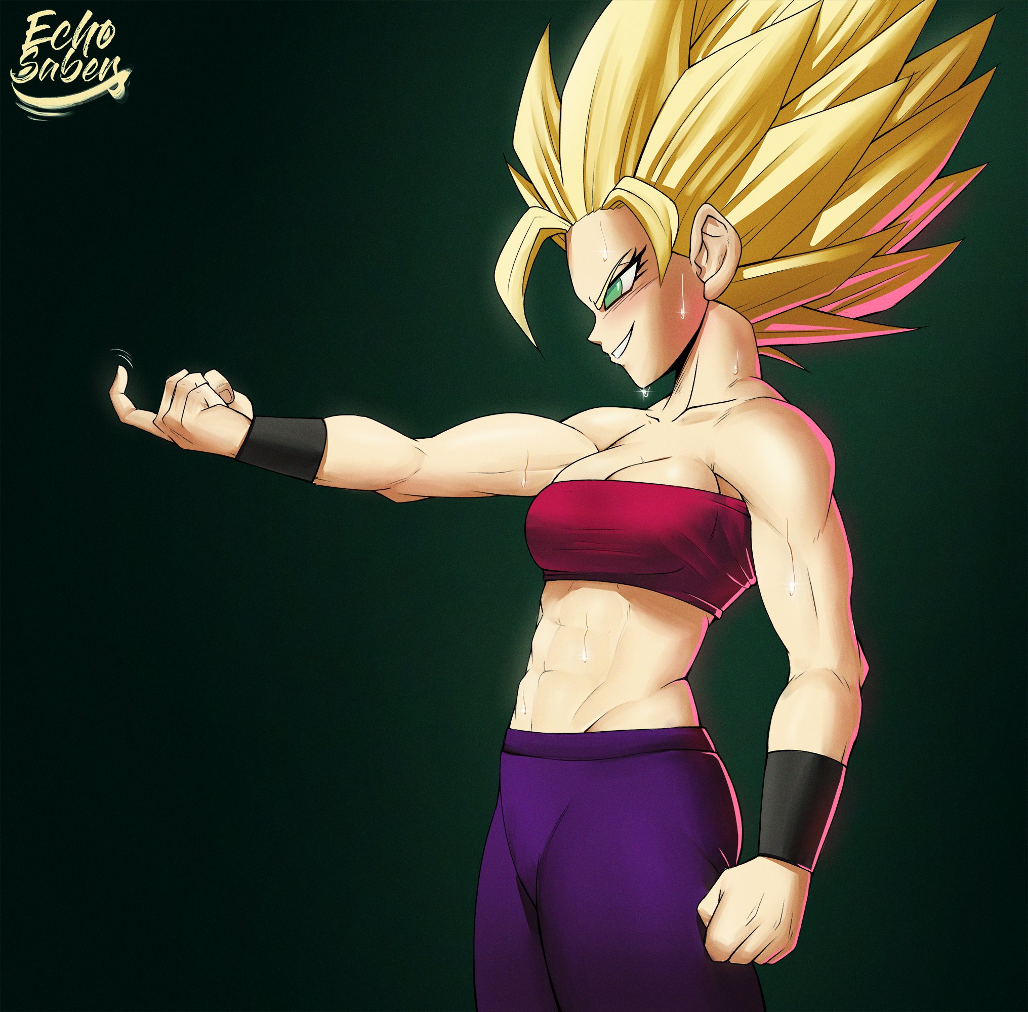 1girls, abs, absurd res, big breasts, black eyes, blonde hair, blush, breasts, caulifla, clothed, dragon ball, dragon ball super, echosaber, female, female only, female saiyan, fully clothed, golden hair, highres, muscular, muscular female, saiyan, solo, solo female, solo focus, spiky hair, super saiyan, sweat, sweatdrop, sweating, sweaty, sweaty abs, universe 6, universe 6/universe 7