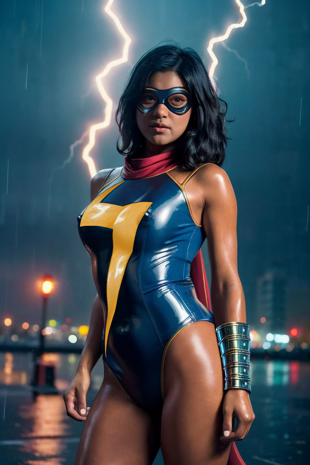 1girls actress ai_edit ai_generated big_ass big_breasts breasts brown_skin celebrity curvaceous curvy dark-skinned_female dark_skin eye_mask hard_nipples iman_vellani kamala_khan large_ass large_breasts long_hair marvel marvel_cinematic_universe mask masked middle_eastern ms._marvel muslim_female nipples nipples_visible_through_clothing one-piece_swimsuit pakistani_female realistic scarf shiny_skin shortstack skin_tight skin_tight_suit solo solo_female superhero_costume superheroine thick_thighs thighs wide_hips